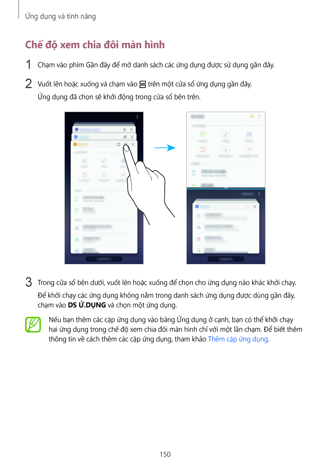 Samsung SM-N950FZDDXXV, SM-N950FZVDXXV, SM-N950FZKDXXV manual Chế độ xem chia đôi màn hình, 150 