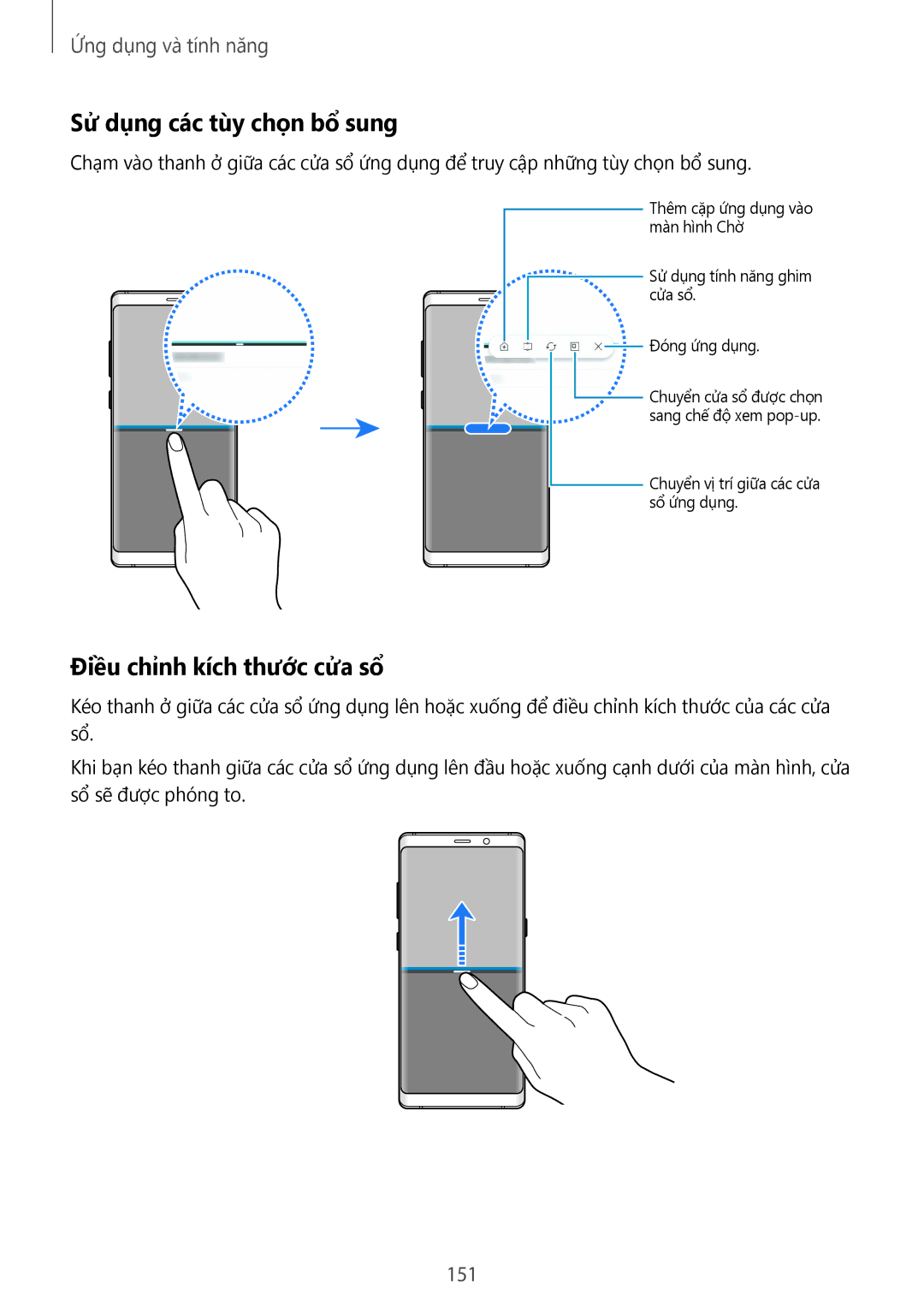 Samsung SM-N950FZVDXXV, SM-N950FZDDXXV, SM-N950FZKDXXV manual Sử dụng các tùy chọn bổ sung, Điều chỉnh kích thước cửa sổ, 151 
