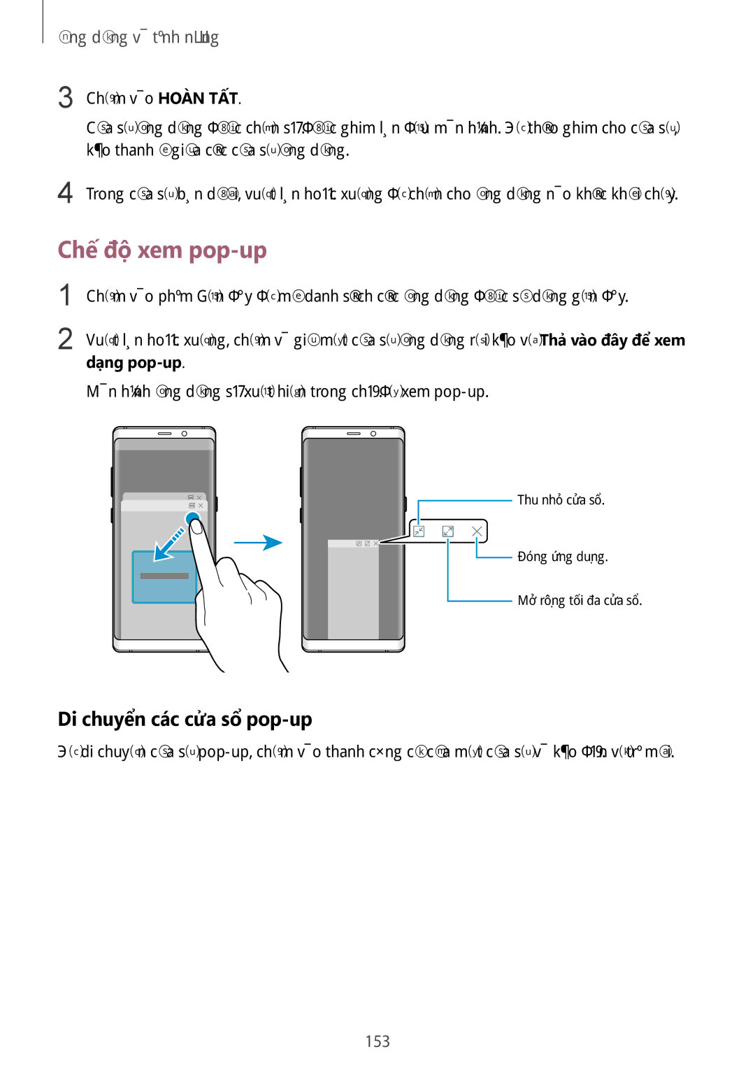 Samsung SM-N950FZDDXXV, SM-N950FZVDXXV, SM-N950FZKDXXV manual Chế độ xem pop-up, Di chuyển các cửa sổ pop-up, 153 