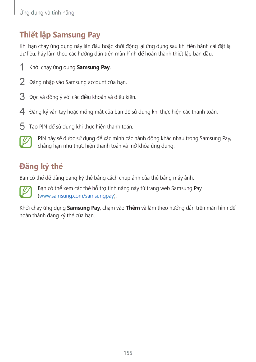 Samsung SM-N950FZKDXXV, SM-N950FZDDXXV, SM-N950FZVDXXV manual Thiết lập Samsung Pay, Đăng ký thẻ, 155 