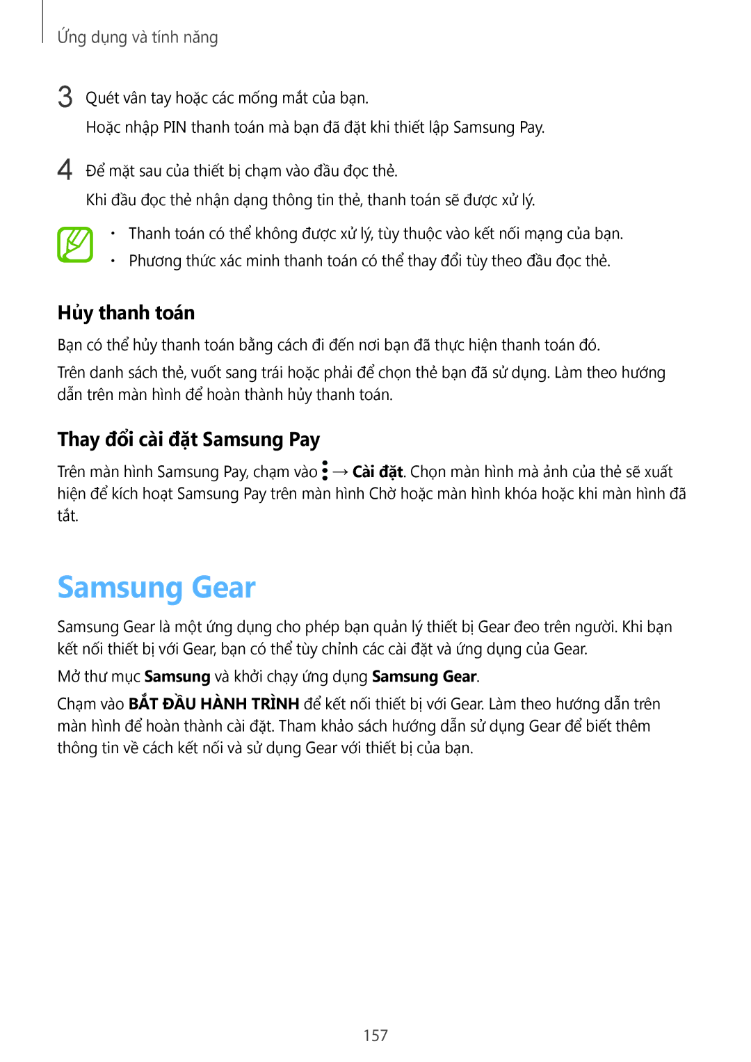 Samsung SM-N950FZVDXXV, SM-N950FZDDXXV, SM-N950FZKDXXV manual Samsung Gear, Hủy thanh toán, Thay đổi cài đặt Samsung Pay, 157 