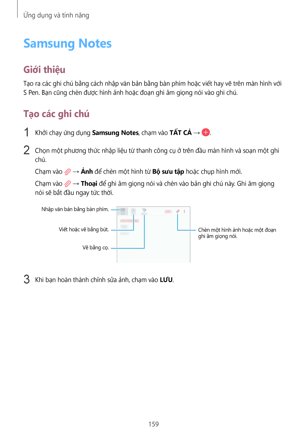 Samsung SM-N950FZDDXXV, SM-N950FZVDXXV, SM-N950FZKDXXV manual Samsung Notes, Tạo các ghi chú, 159 