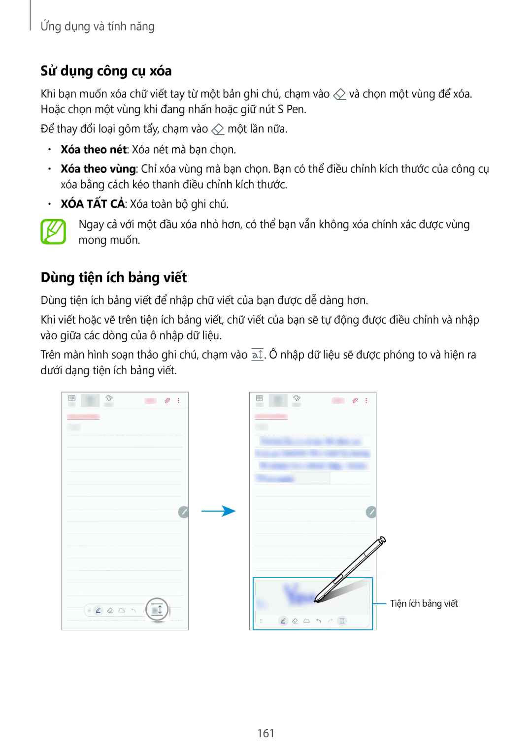 Samsung SM-N950FZKDXXV, SM-N950FZDDXXV, SM-N950FZVDXXV manual Sử dụng công cụ xóa, Dùng tiện ích bảng viết, 161 