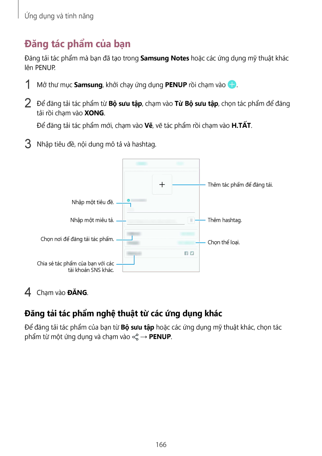 Samsung SM-N950FZVDXXV, SM-N950FZDDXXV manual Đăng tác phẩm của bạn, Đăng tải tác phẩm nghệ thuật từ các ứng dụng khác, 166 