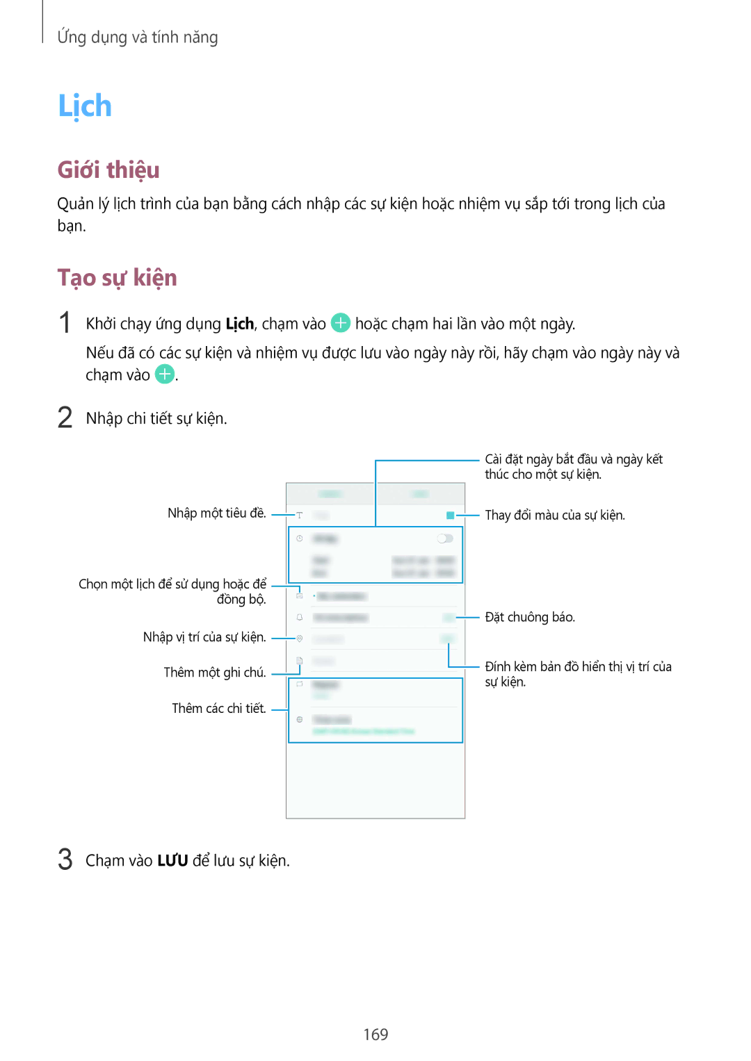 Samsung SM-N950FZVDXXV, SM-N950FZDDXXV, SM-N950FZKDXXV manual Lịch, Tạo sự kiện, 169 