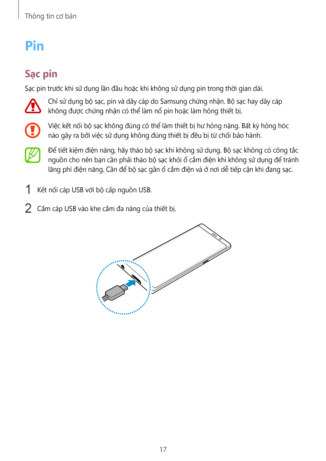 Samsung SM-N950FZKDXXV, SM-N950FZDDXXV, SM-N950FZVDXXV manual Pin, Sạc pin 