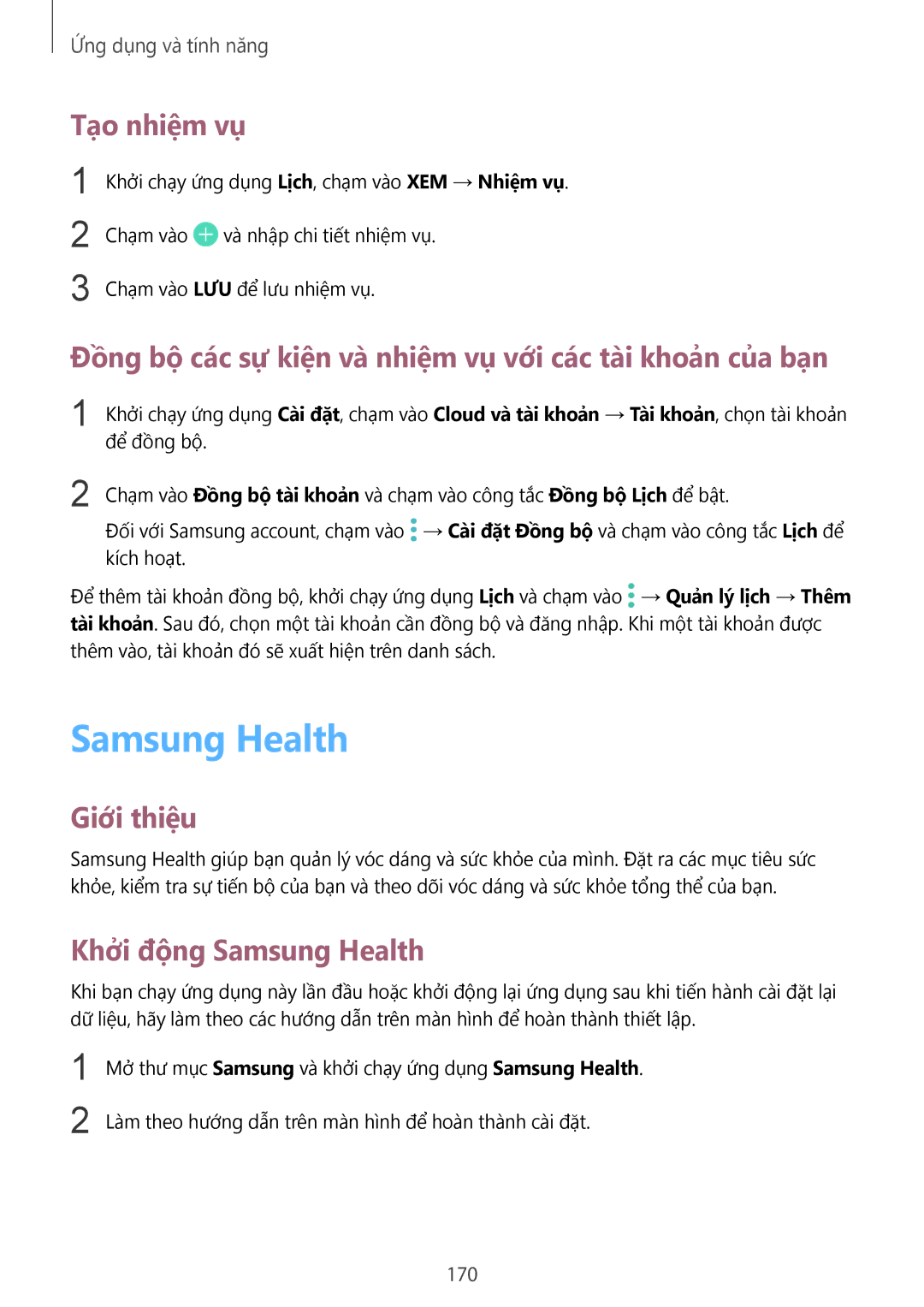 Samsung SM-N950FZKDXXV manual Samsung Health, Tạo nhiệm vụ, Đồng bộ các sự kiện và nhiệm vụ với các tài khoản của bạn, 170 