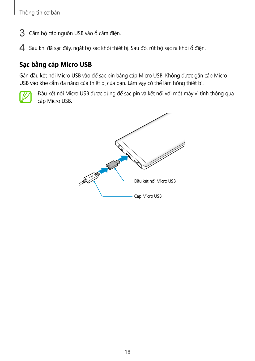 Samsung SM-N950FZDDXXV, SM-N950FZVDXXV, SM-N950FZKDXXV manual Sạc bằng cáp Micro USB 