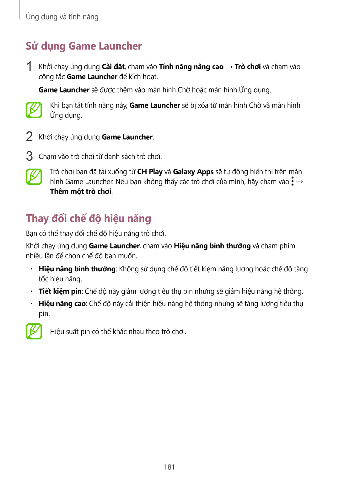 Samsung SM-N950FZVDXXV, SM-N950FZDDXXV, SM-N950FZKDXXV manual Sử dụng Game Launcher, Thay đổi chế độ hiệu năng, 181 
