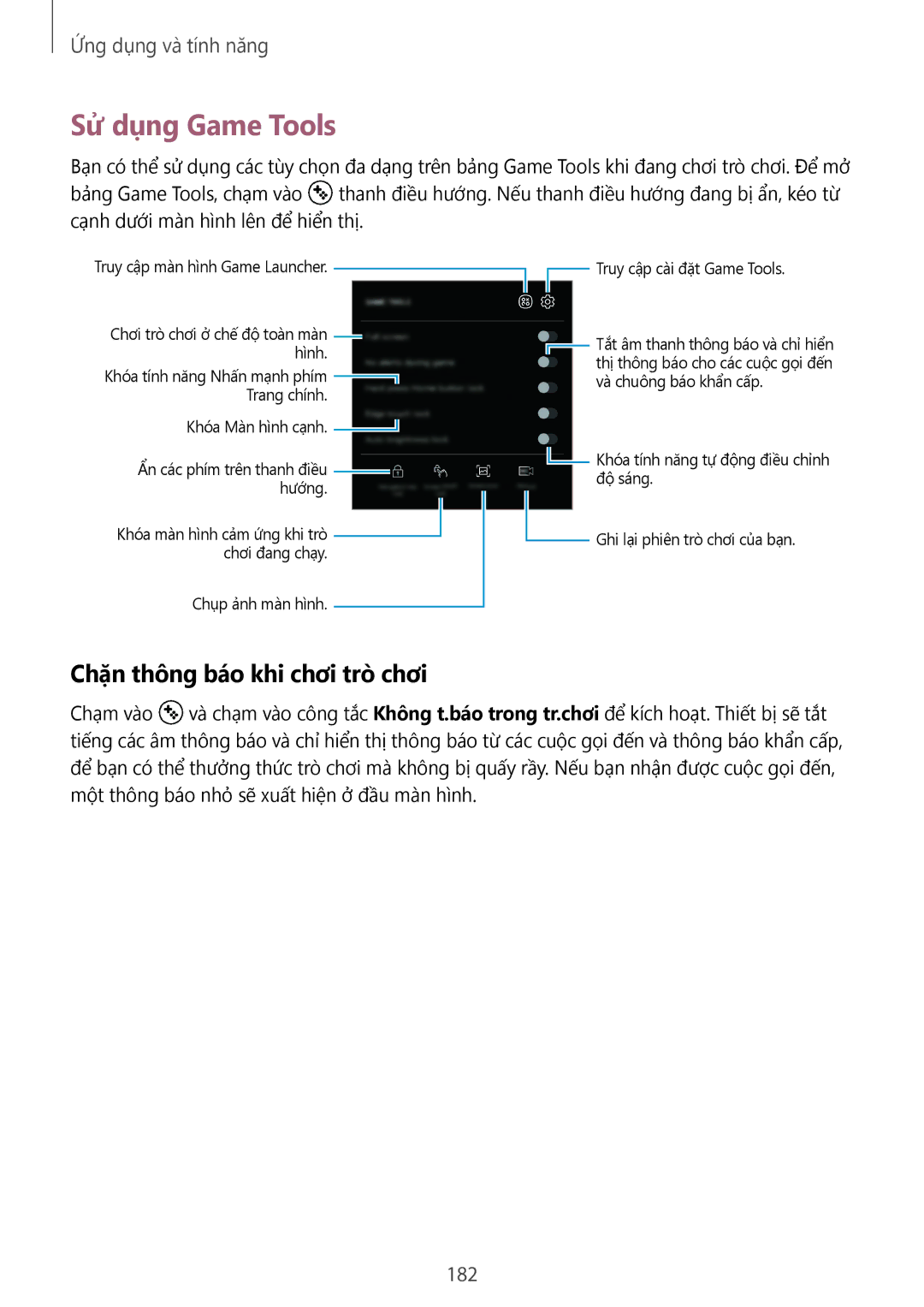 Samsung SM-N950FZKDXXV, SM-N950FZDDXXV, SM-N950FZVDXXV manual Sử dụng Game Tools, Chặn thông báo khi chơi trò chơi, 182 