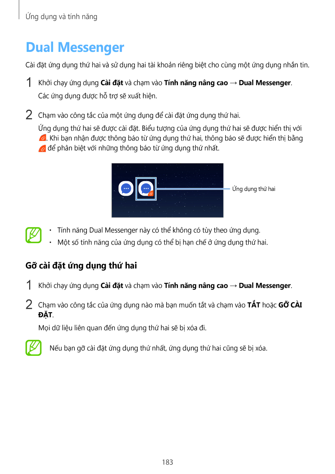 Samsung SM-N950FZDDXXV, SM-N950FZVDXXV, SM-N950FZKDXXV manual Dual Messenger, Gỡ cài đặt ứng dụng thứ hai, 183 