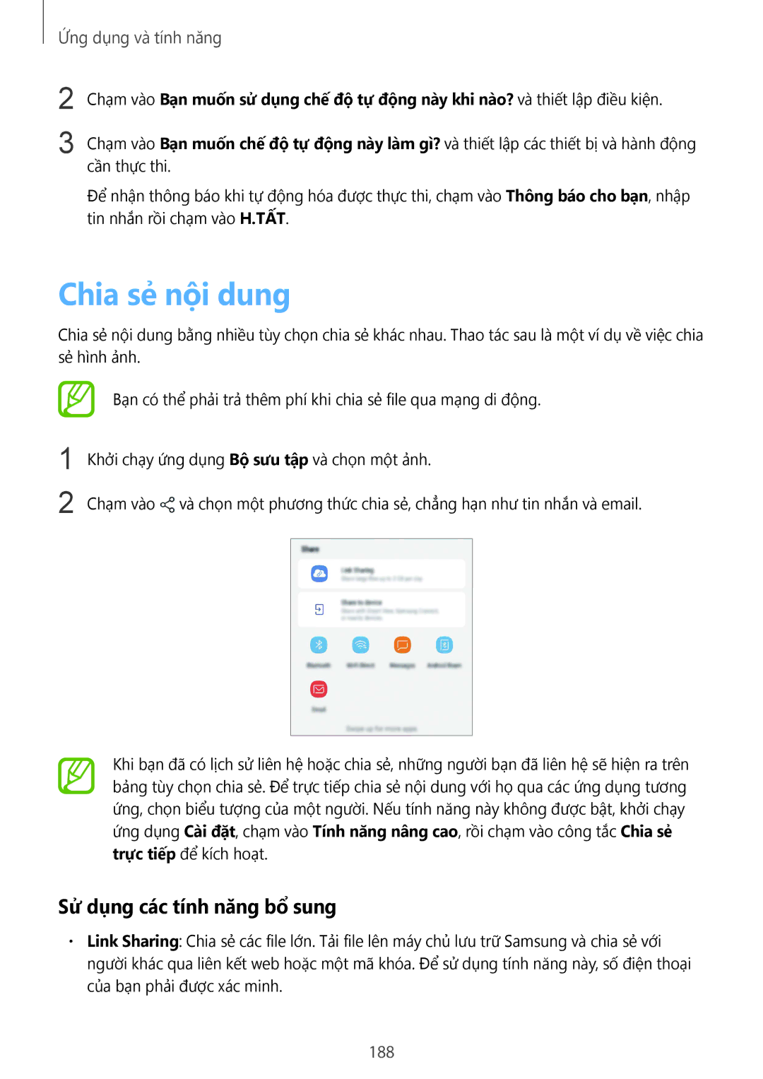 Samsung SM-N950FZKDXXV, SM-N950FZDDXXV, SM-N950FZVDXXV manual Chia sẻ nội dung, Sử dụng các tính năng bổ sung, 188 