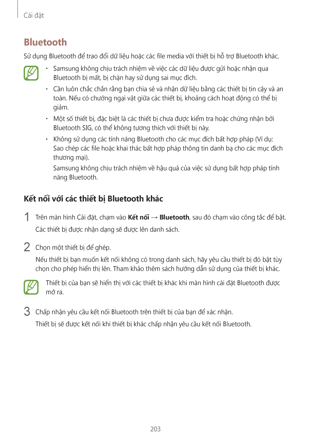 Samsung SM-N950FZKDXXV, SM-N950FZDDXXV, SM-N950FZVDXXV manual Kết nối với các thiết bị Bluetooth khác, 203 