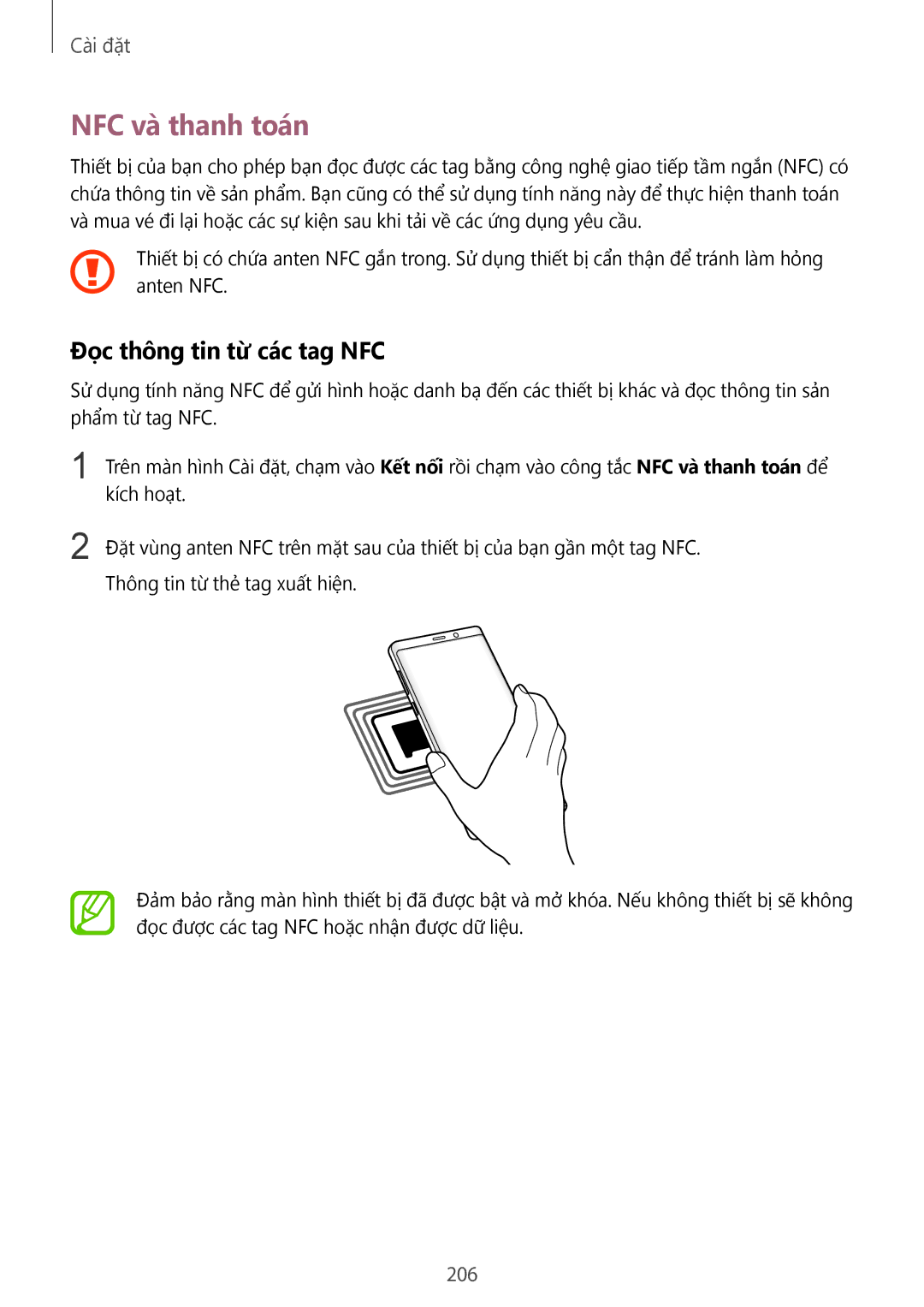 Samsung SM-N950FZKDXXV, SM-N950FZDDXXV, SM-N950FZVDXXV manual NFC và thanh toán, Đọc thông tin từ các tag NFC, 206 
