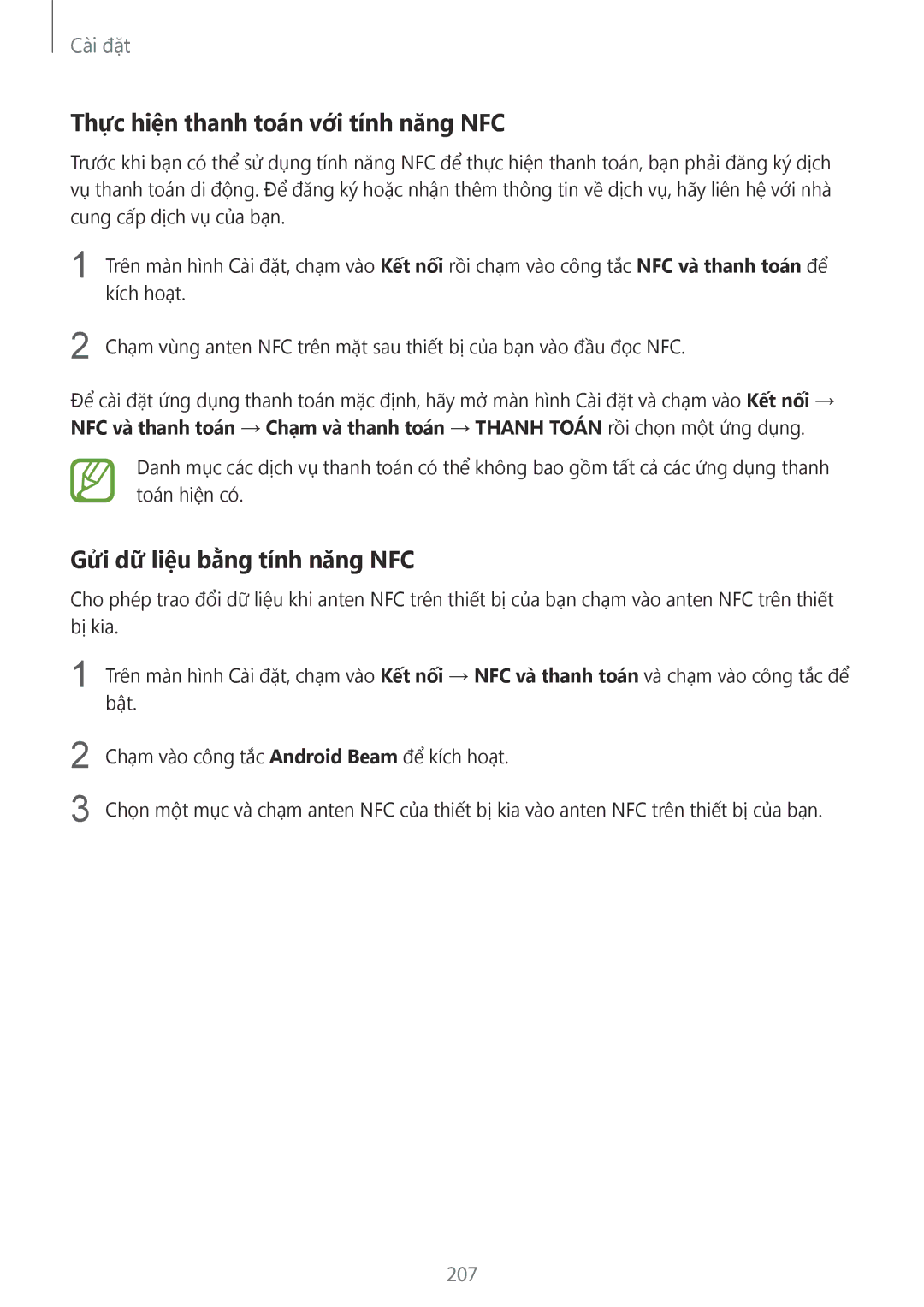 Samsung SM-N950FZDDXXV, SM-N950FZVDXXV manual Thực hiện thanh toán với tính năng NFC, Gửi dữ liệu bằng tính năng NFC, 207 
