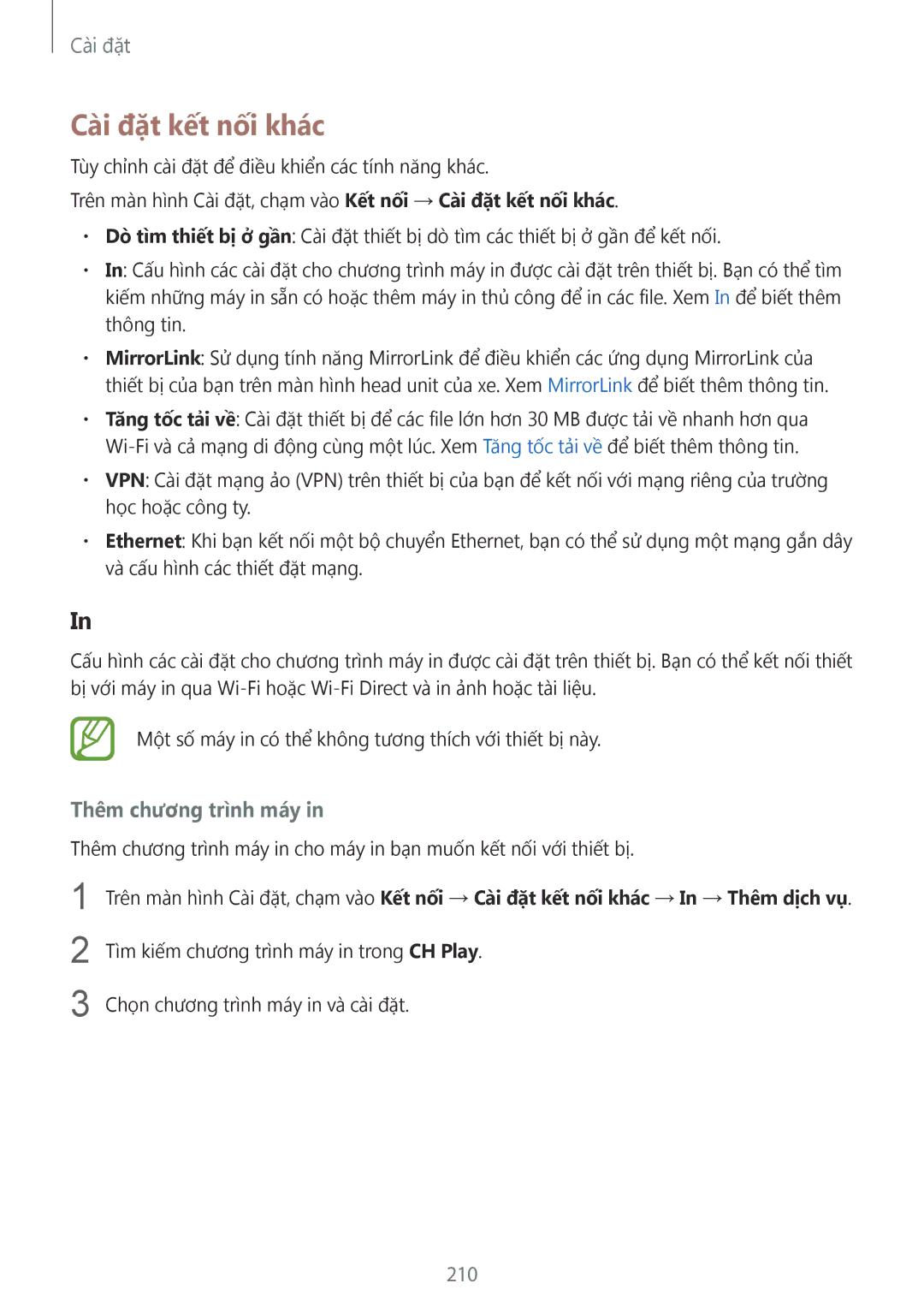 Samsung SM-N950FZDDXXV, SM-N950FZVDXXV, SM-N950FZKDXXV manual Cài đặt kết nối khác, Thêm chương trình máy, 210 