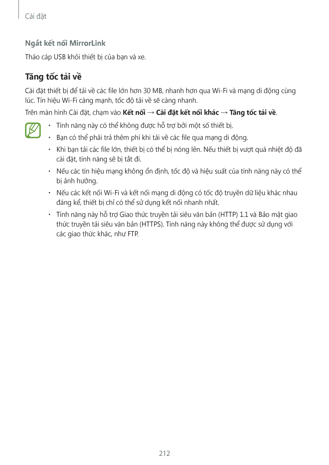 Samsung SM-N950FZKDXXV, SM-N950FZDDXXV, SM-N950FZVDXXV manual Tăng tốc tải về, Ngắt kết nối MirrorLink, 212 