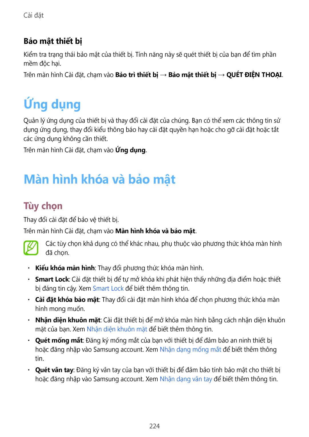 Samsung SM-N950FZKDXXV, SM-N950FZDDXXV, SM-N950FZVDXXV manual Ứng dụng, Màn hình khóa và bảo mật, Bảo mật thiết bị, 224 