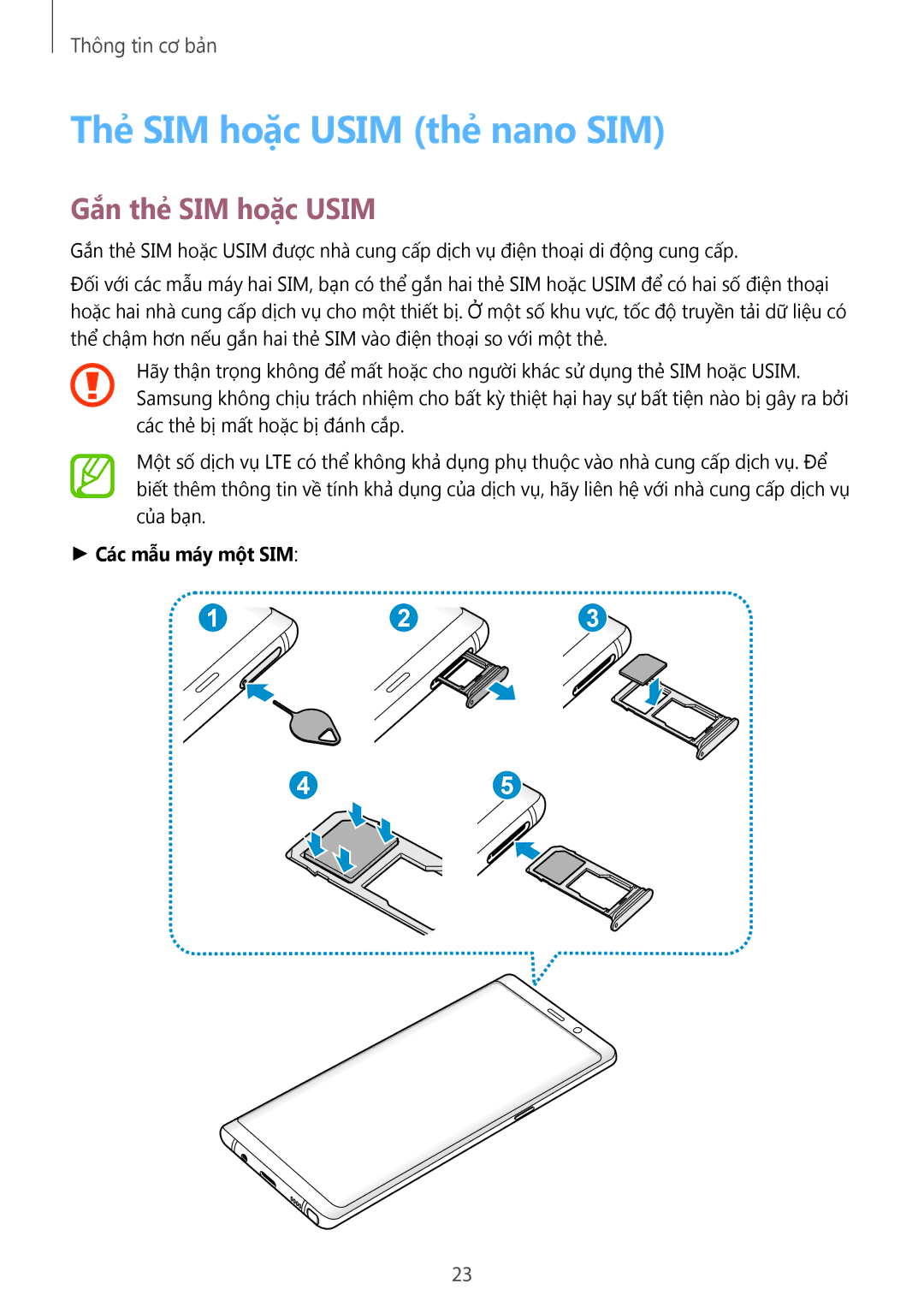 Samsung SM-N950FZKDXXV, SM-N950FZDDXXV manual Thẻ SIM hoặc Usim thẻ nano SIM, Gắn thẻ SIM hoặc Usim, Các mẫu máy một SIM 