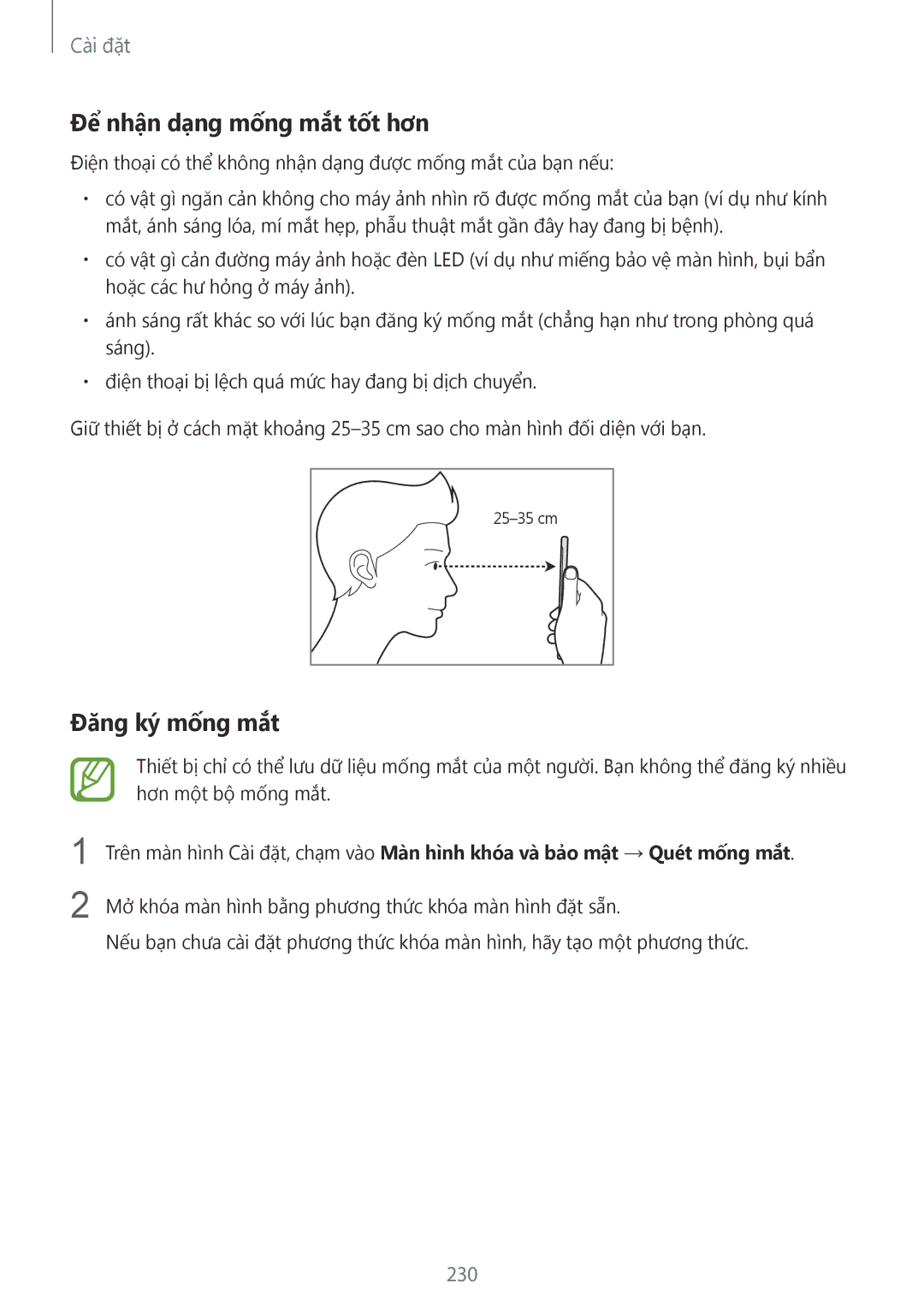 Samsung SM-N950FZKDXXV, SM-N950FZDDXXV, SM-N950FZVDXXV manual Để nhận dạng mống mắt tốt hơn, Đăng ký mống mắt, 230 