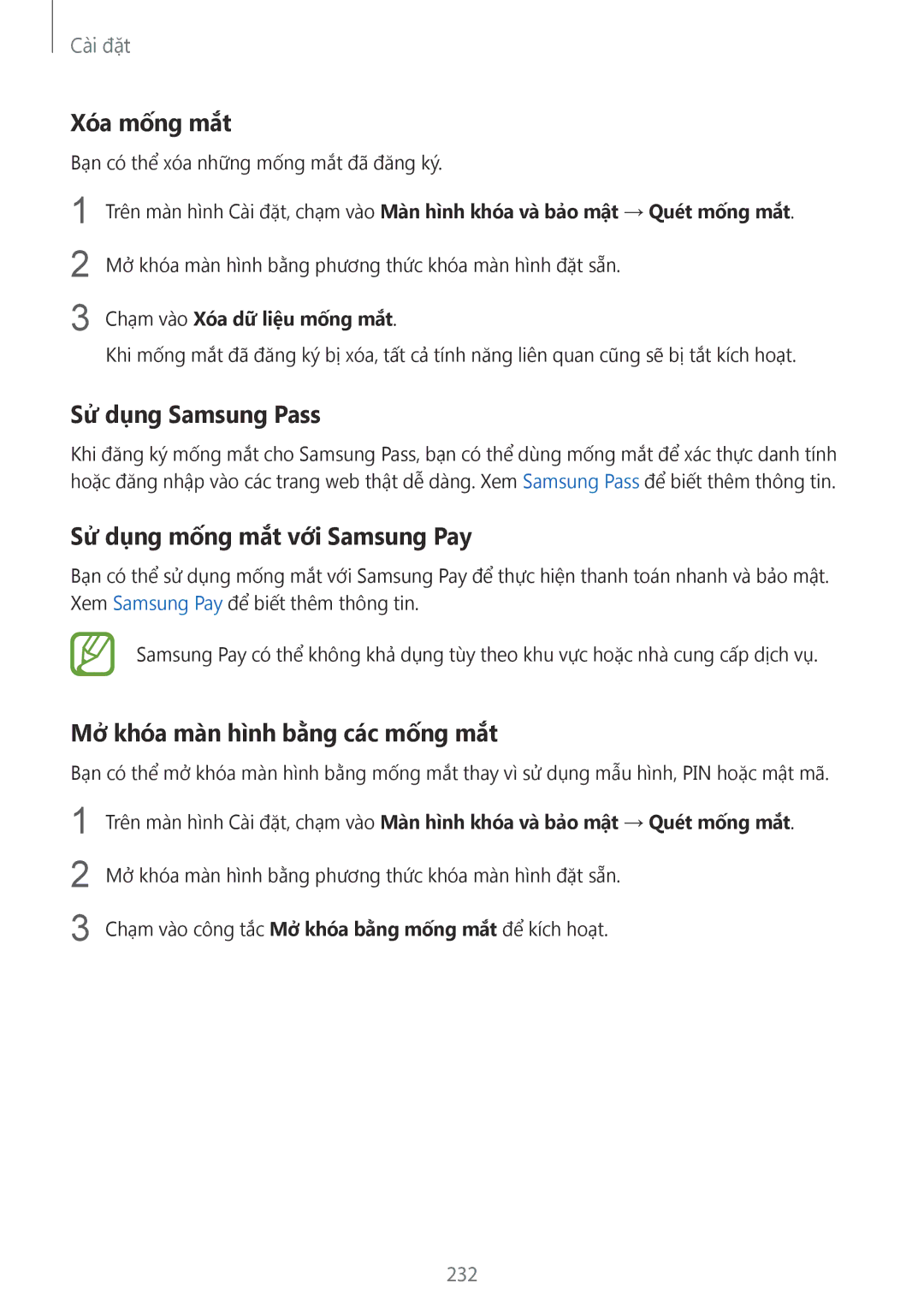 Samsung SM-N950FZVDXXV, SM-N950FZDDXXV manual Xóa mống mắt, Sử dụng Samsung Pass, Sử dụng mống mắt với Samsung Pay, 232 