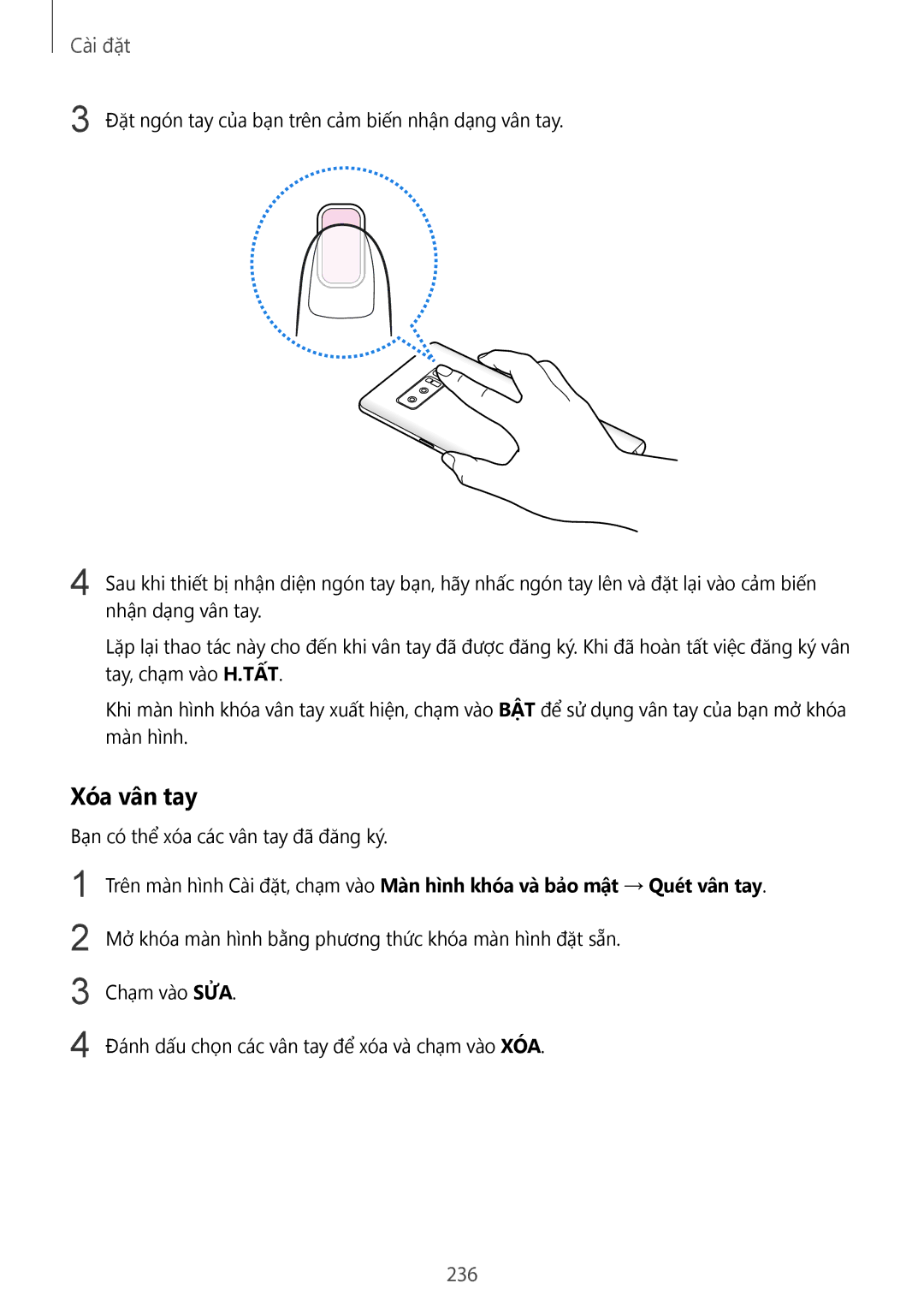 Samsung SM-N950FZKDXXV, SM-N950FZDDXXV, SM-N950FZVDXXV manual Xóa vân tay, 236 