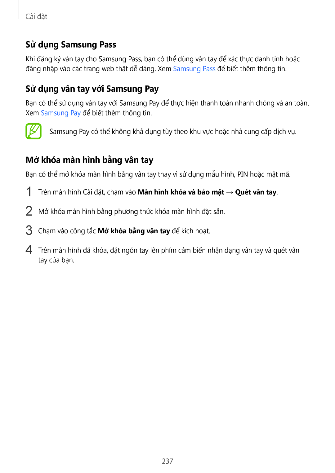 Samsung SM-N950FZDDXXV, SM-N950FZVDXXV, SM-N950FZKDXXV Sử dụng vân tay với Samsung Pay, Mở khóa màn hình bằng vân tay, 237 