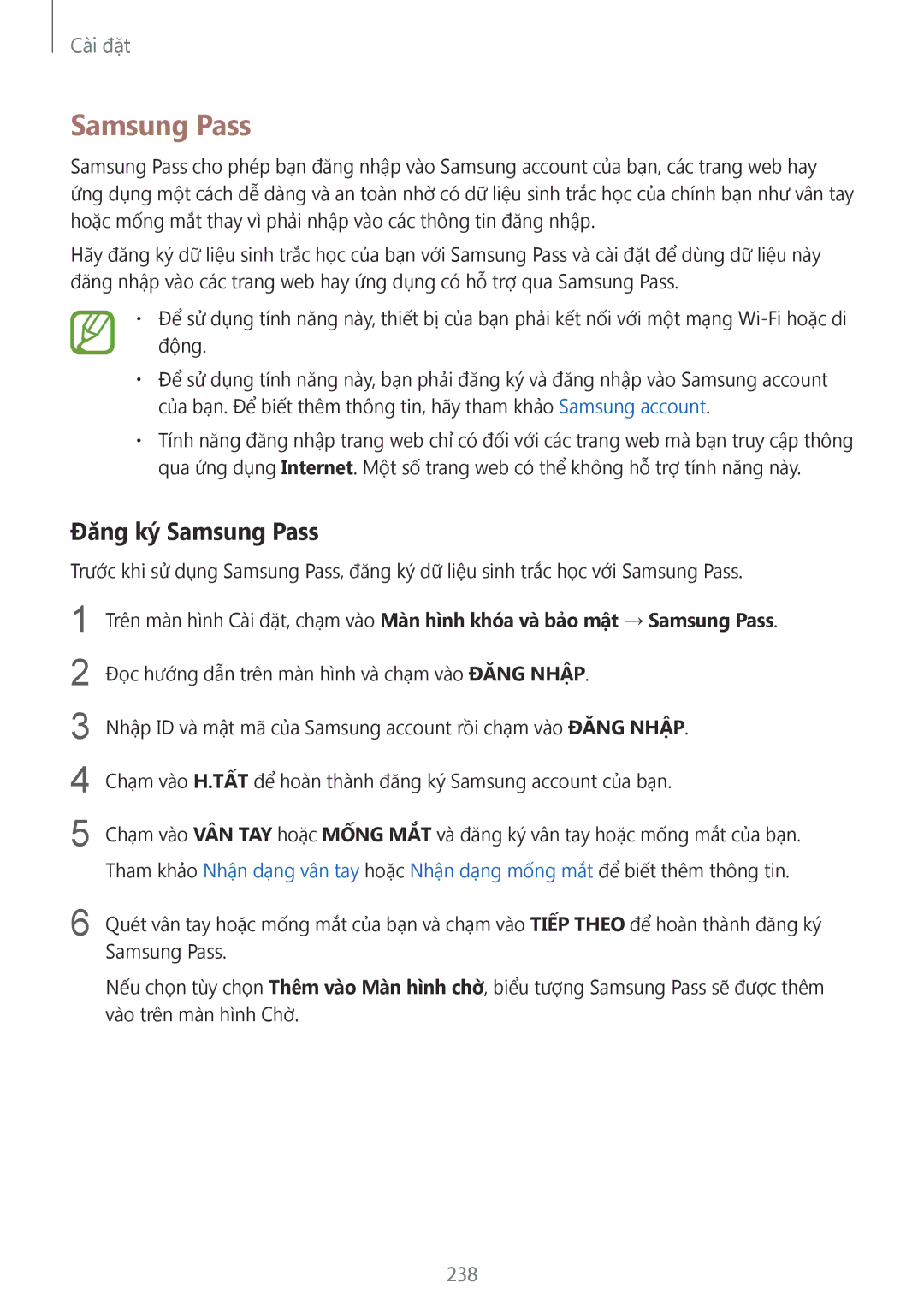 Samsung SM-N950FZVDXXV, SM-N950FZDDXXV, SM-N950FZKDXXV manual Đăng ký Samsung Pass, 238 