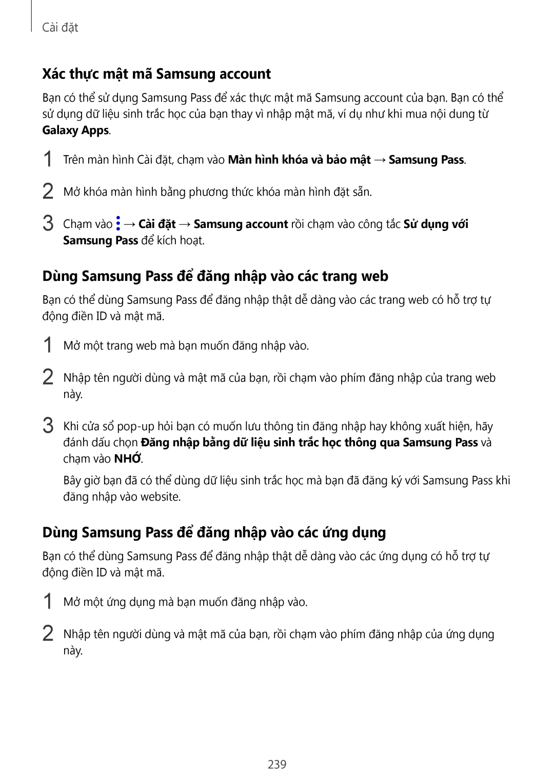 Samsung SM-N950FZKDXXV manual Xác thực mật mã Samsung account, Dùng Samsung Pass để đăng nhập vào các trang web, 239 