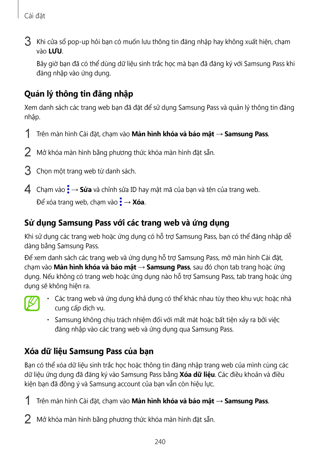 Samsung SM-N950FZDDXXV manual Quản lý thông tin đăng nhập, Sử dụng Samsung Pass với các trang web và ứng dụng, 240 