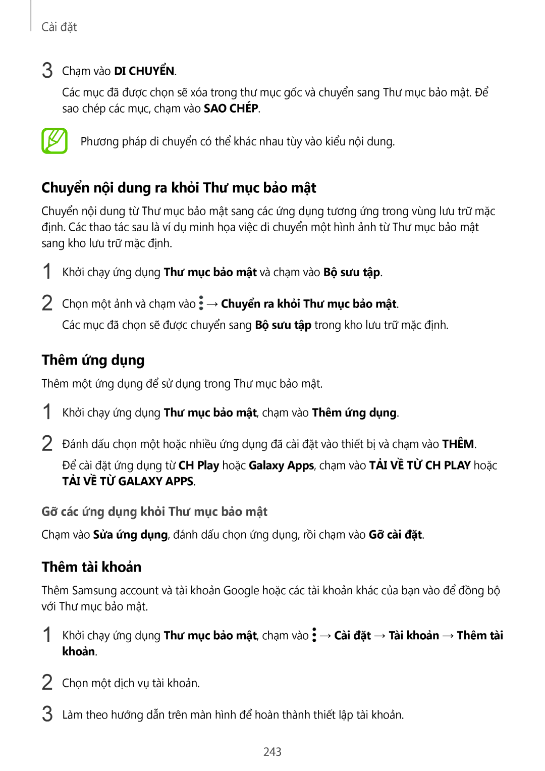 Samsung SM-N950FZDDXXV, SM-N950FZVDXXV manual Chuyển nội dung ra khỏi Thư mục bảo mật, Thêm ứng dụng, Thêm tài khoản, 243 
