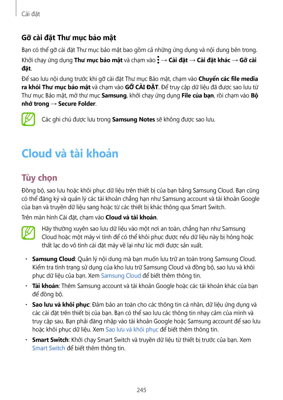 Samsung SM-N950FZKDXXV, SM-N950FZDDXXV, SM-N950FZVDXXV manual Cloud và tài khoản, Gỡ cài đặt Thư mục bảo mật, 245 