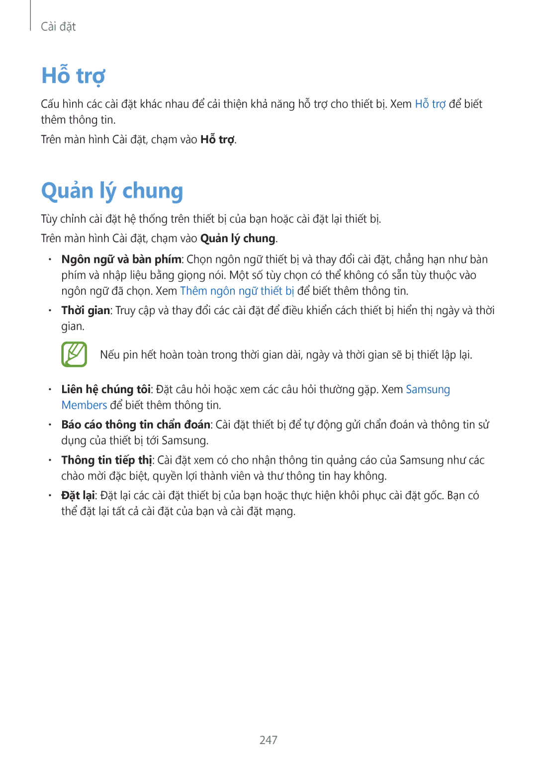 Samsung SM-N950FZVDXXV, SM-N950FZDDXXV, SM-N950FZKDXXV manual Hỗ trợ, Quản lý chung, 247 