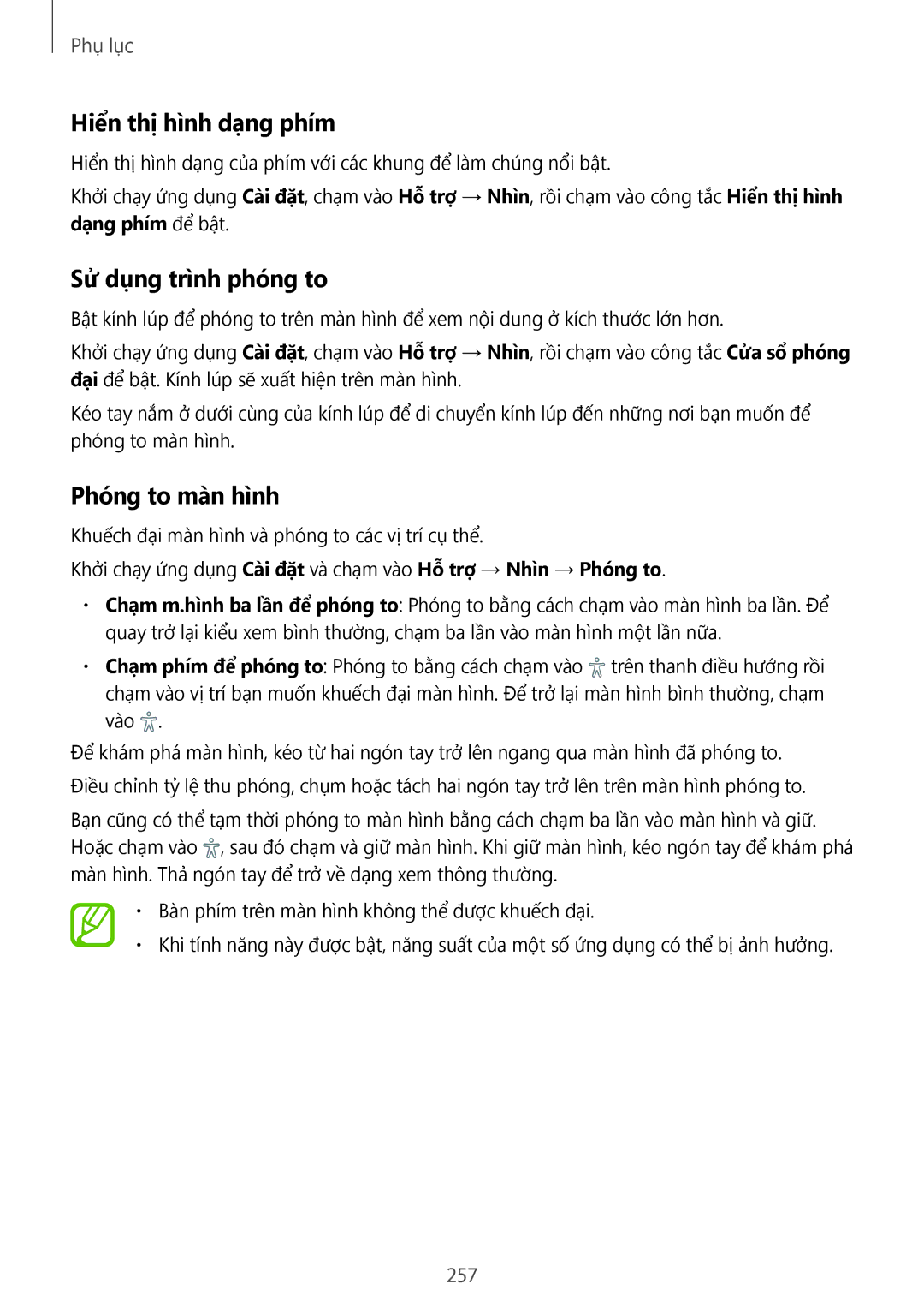 Samsung SM-N950FZKDXXV, SM-N950FZDDXXV manual Hiển thị hình dạng phím, Sử dụng trình phóng to, Phóng to màn hình, 257 