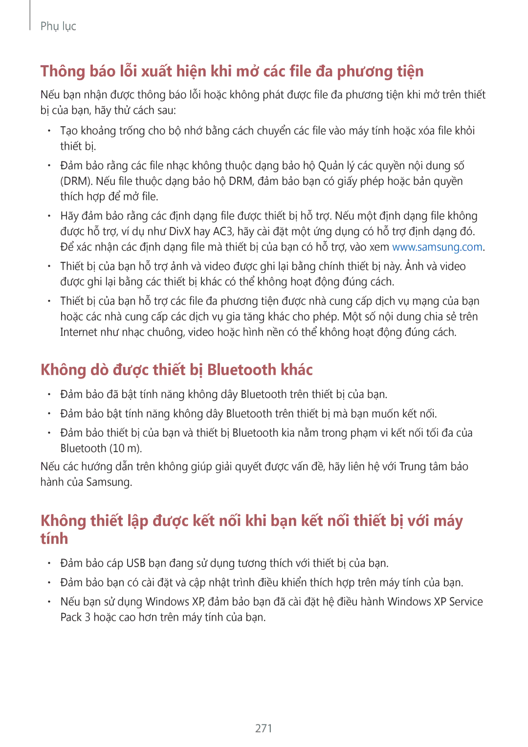 Samsung SM-N950FZVDXXV, SM-N950FZDDXXV, SM-N950FZKDXXV manual Thông báo lỗi xuất hiện khi mở các file đa phương tiện, 271 