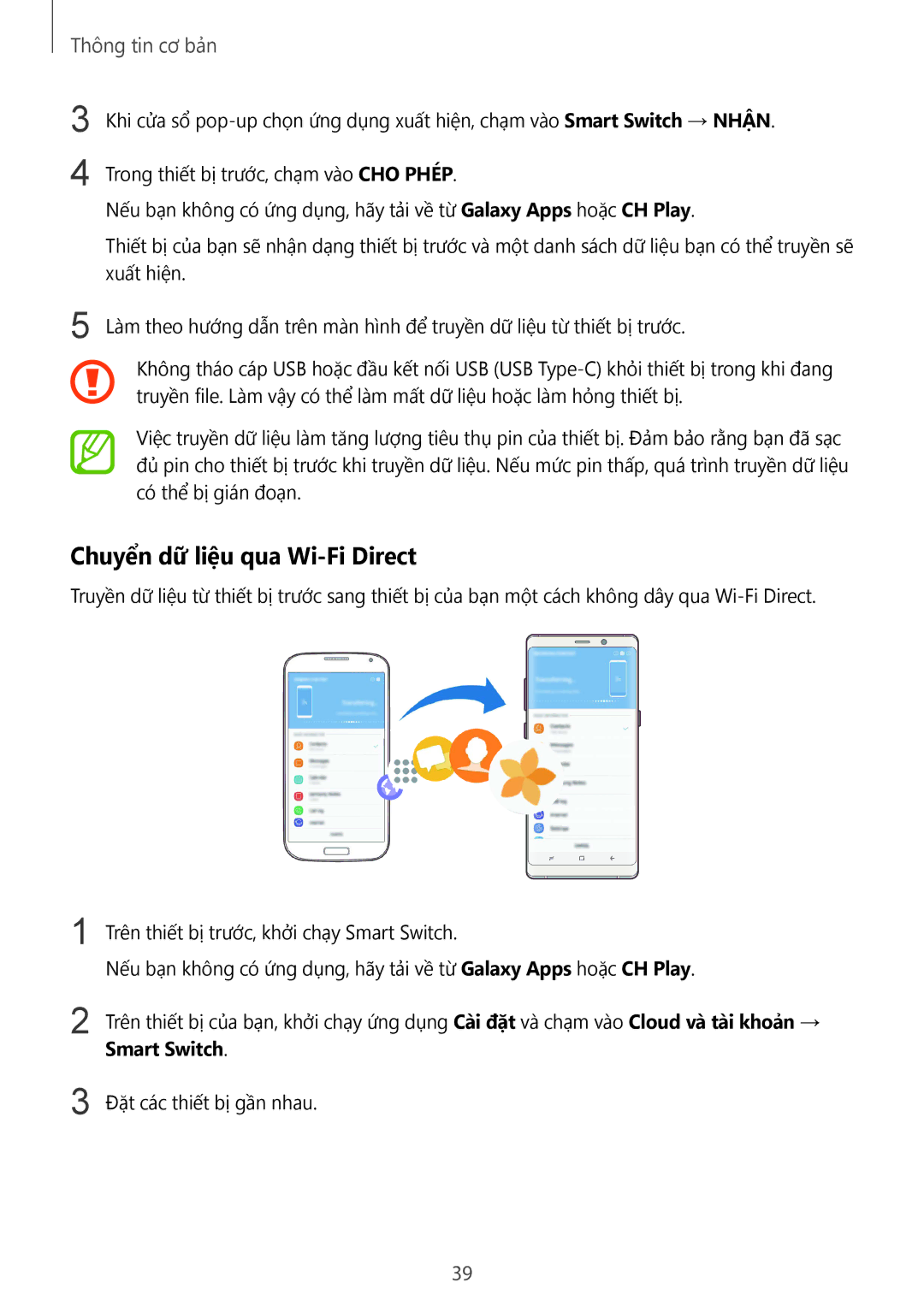 Samsung SM-N950FZDDXXV, SM-N950FZVDXXV, SM-N950FZKDXXV manual Chuyển dữ liệu qua Wi-Fi Direct, Smart Switch 