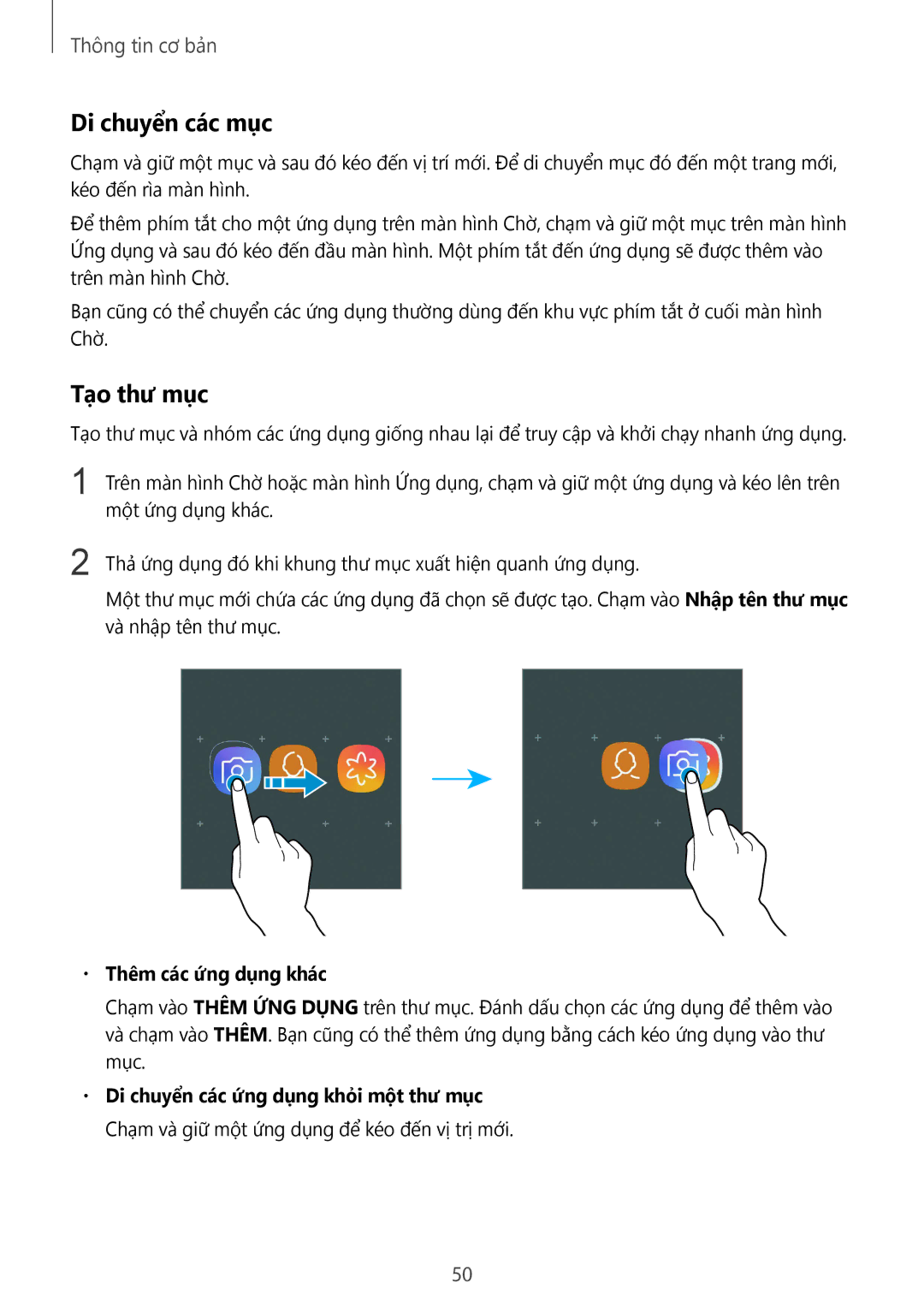 Samsung SM-N950FZKDXXV, SM-N950FZDDXXV, SM-N950FZVDXXV manual Di chuyển các mục, Tạo thư mục, Thêm các ứng dụng khác 