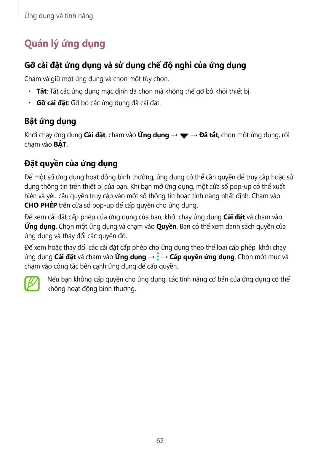 Samsung SM-N950FZKDXXV manual Quản lý ứng dụng, Gỡ cài đặt ứng dụng và sử dụng chế độ nghỉ của ứng dụng, Bật ứng dụng 