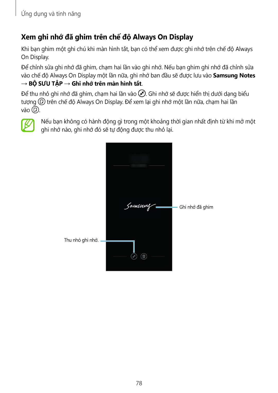 Samsung SM-N950FZDDXXV manual Xem ghi nhớ đã ghim trên chế độ Always On Display, → BỘ SƯU TẬP → Ghi nhớ trên màn hình tắt 