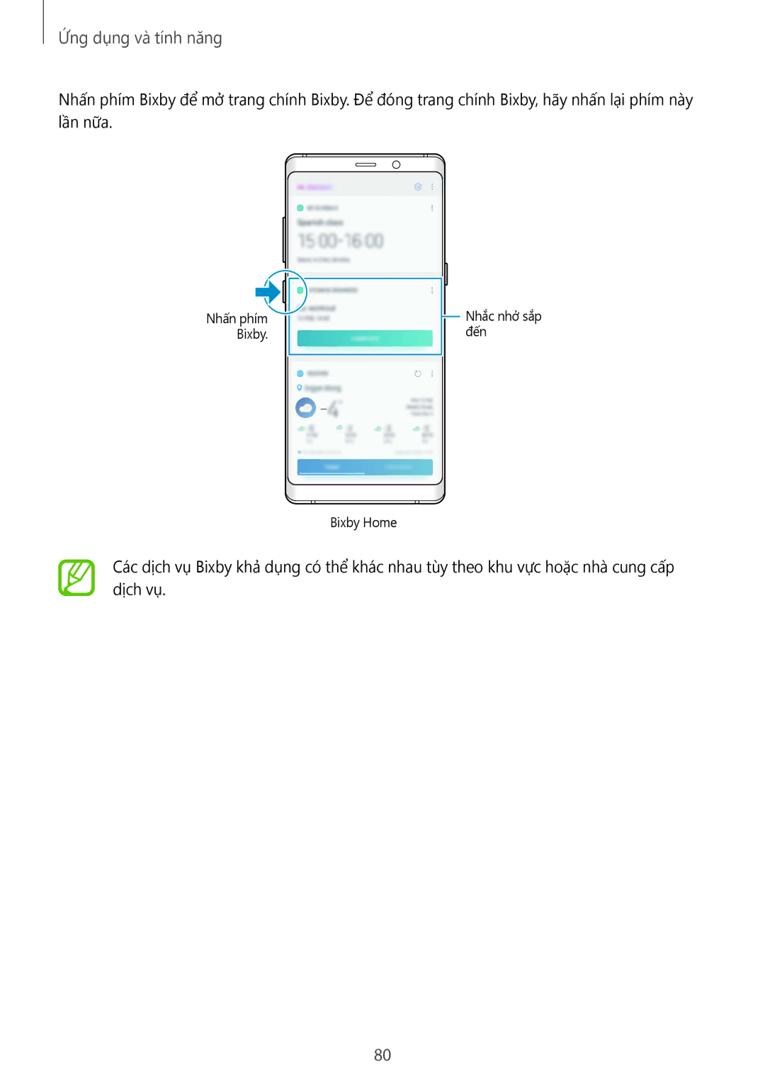 Samsung SM-N950FZKDXXV, SM-N950FZDDXXV, SM-N950FZVDXXV manual Nhấn phím Bixby Nhắc nhở sắp đến Bixby Home 