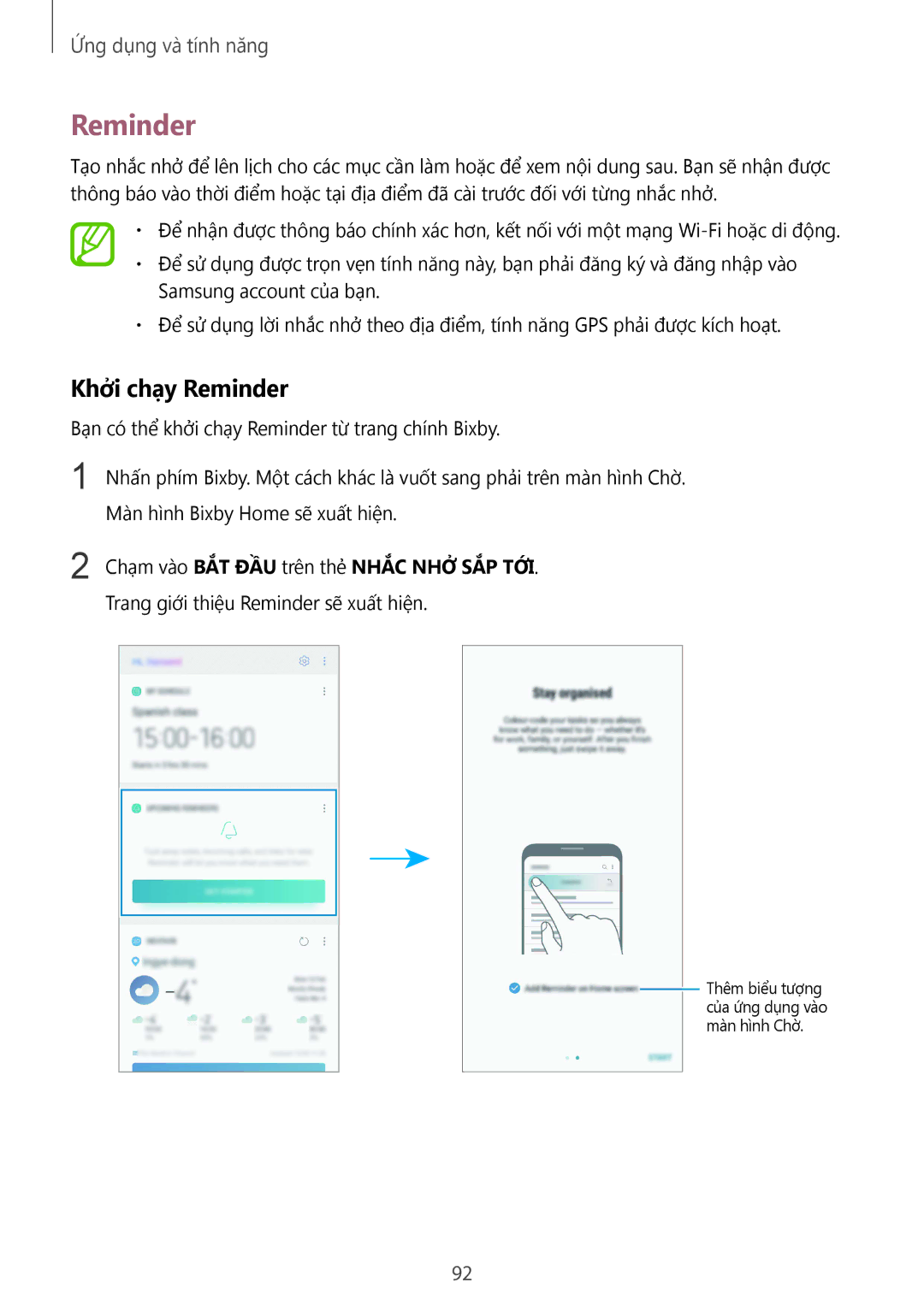 Samsung SM-N950FZKDXXV, SM-N950FZDDXXV, SM-N950FZVDXXV Khởi chạy Reminder, Chạm vào BẮT ĐẦU trên thẻ Nhắc NHỞ SẮP TỚI 