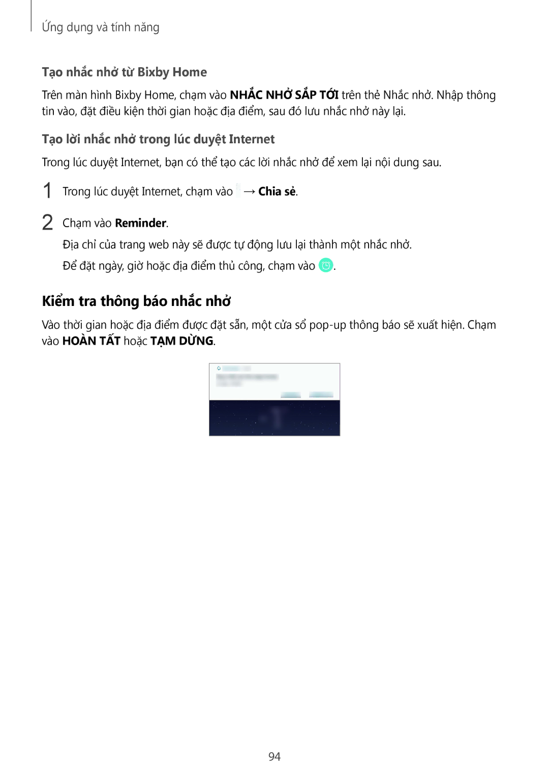 Samsung SM-N950FZVDXXV Kiểm tra thông báo nhắc nhở, Tạo nhắc nhở từ Bixby Home, Tạo lời nhắc nhở trong lúc duyệt Internet 