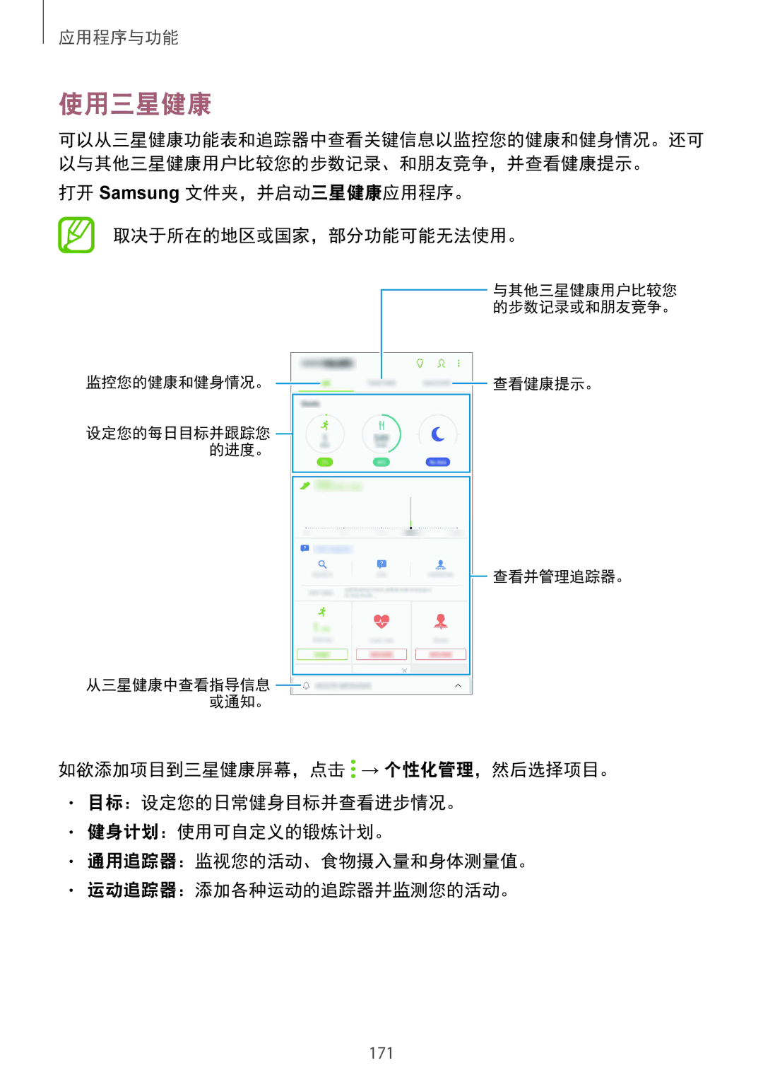 Samsung SM-N950FZDDXXV, SM-N950FZVDXXV, SM-N950FZKDXXV manual 使用三星健康, 打开 Samsung 文件夹，并启动三星健康应用程序。 取决于所在的地区或国家，部分功能可能无法使用。 