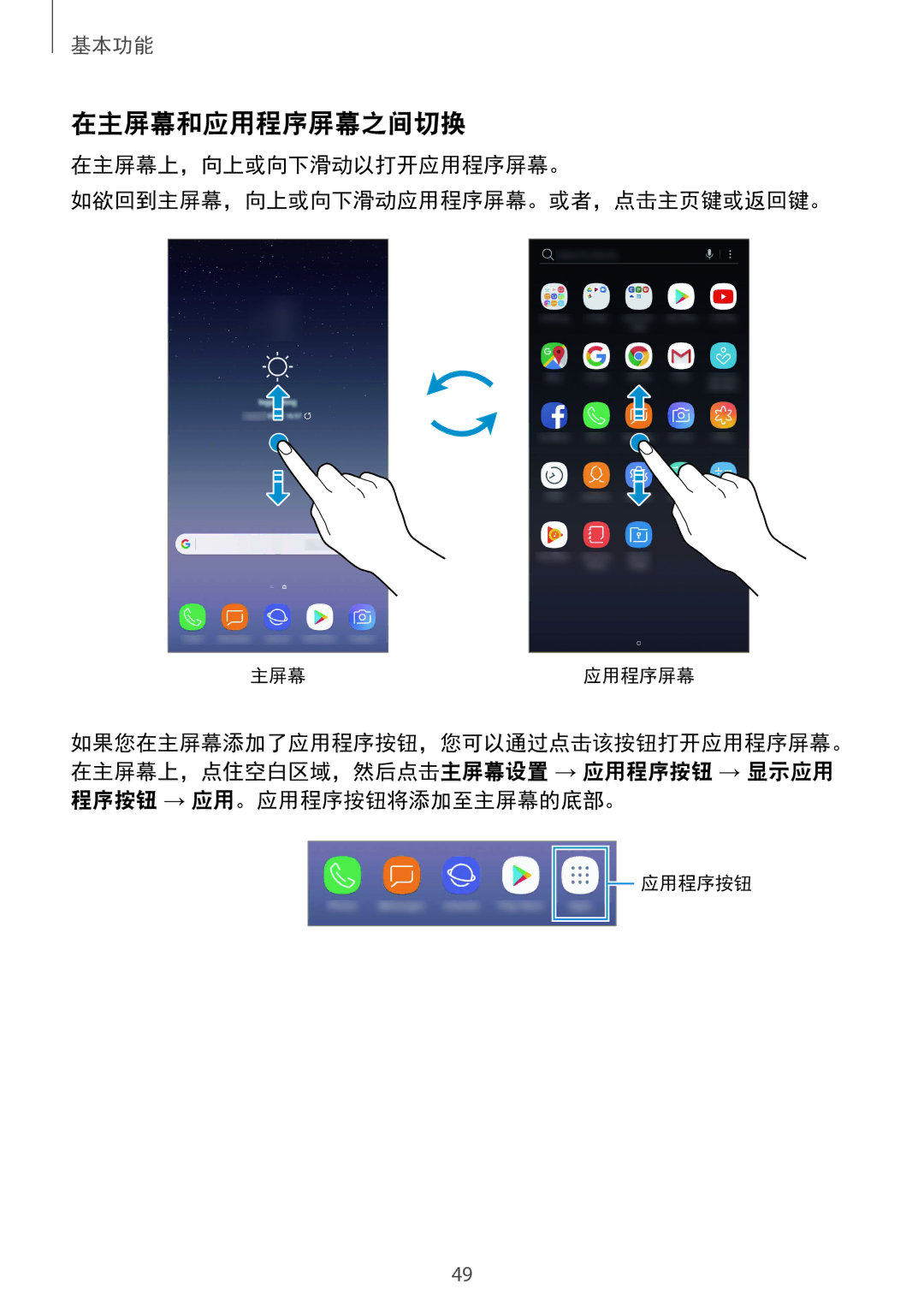 Samsung SM-N950FZVDXXV, SM-N950FZDDXXV manual 在主屏幕和应用程序屏幕之间切换, 在主屏幕上，向上或向下滑动以打开应用程序屏幕。 如欲回到主屏幕，向上或向下滑动应用程序屏幕。或者，点击主页键或返回键。 