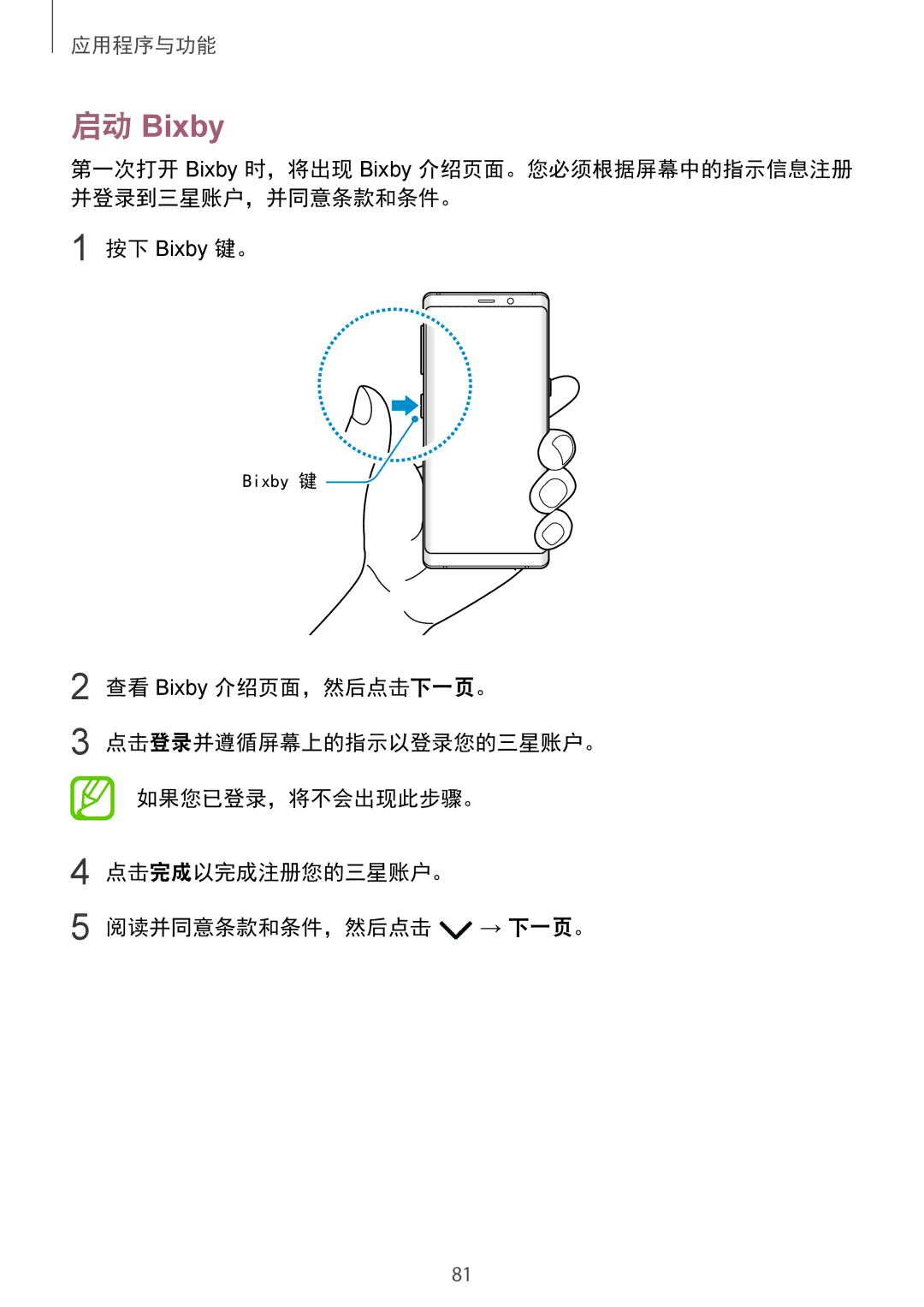 Samsung SM-N950FZDDXXV, SM-N950FZVDXXV, SM-N950FZKDXXV manual 启动 Bixby 