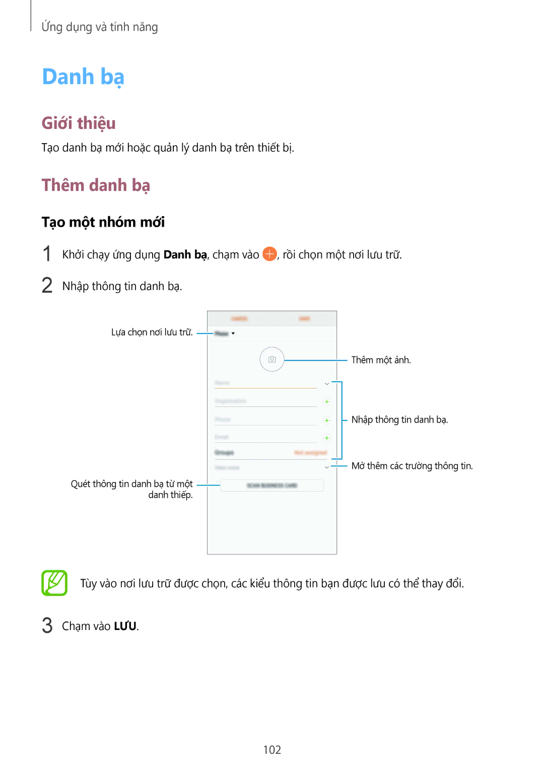 Samsung SM-N950FZDDXXV, SM-N950FZVDXXV, SM-N950FZKDXXV manual Danh bạ, Thêm danh bạ, Tạo một nhóm mới, 102 