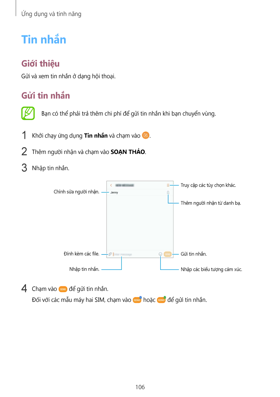 Samsung SM-N950FZVDXXV, SM-N950FZDDXXV, SM-N950FZKDXXV manual Tin nhắn, Gửi tin nhắn, 106 