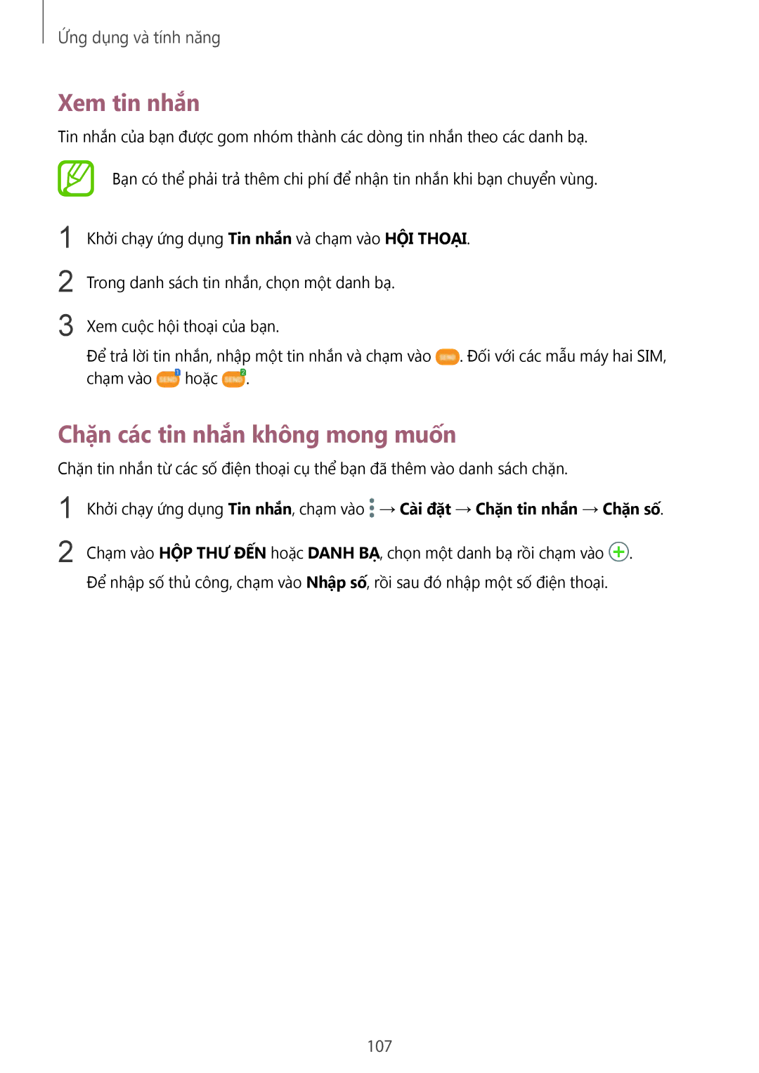 Samsung SM-N950FZKDXXV, SM-N950FZDDXXV, SM-N950FZVDXXV manual Xem tin nhắn, Chặn các tin nhắn không mong muốn, 107 