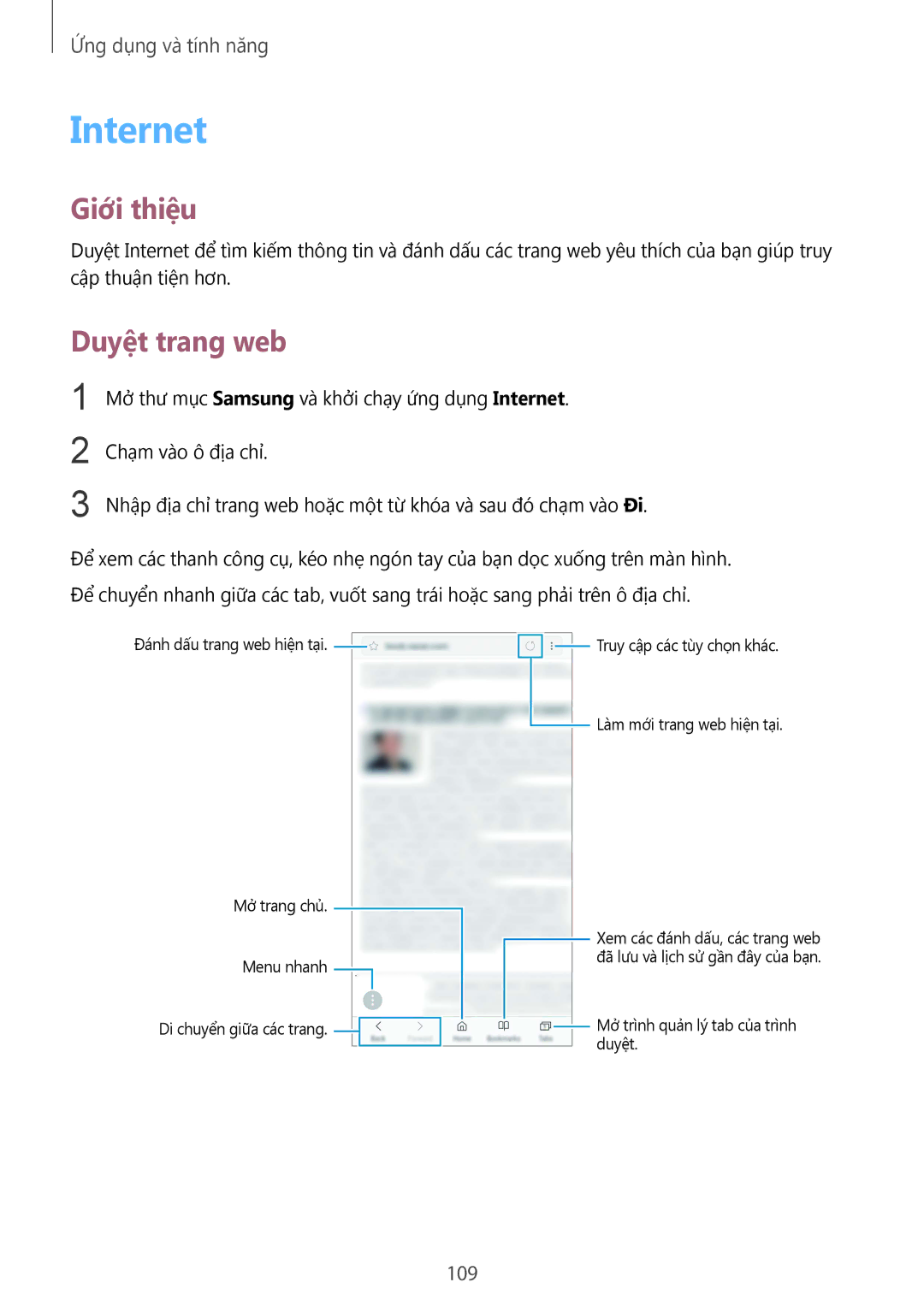 Samsung SM-N950FZVDXXV, SM-N950FZDDXXV, SM-N950FZKDXXV manual Internet, Duyệt trang web, 109 