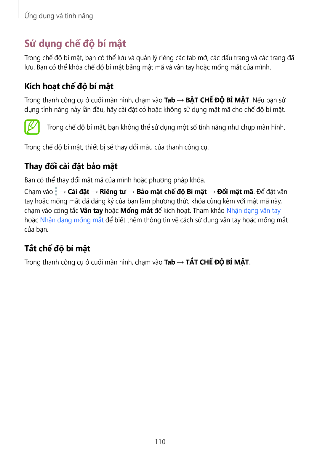 Samsung SM-N950FZKDXXV Sử dụng chế độ bí mật, Kích hoạt chế độ bí mật, Thay đổi cài đặt bảo mật, Tắt chế độ bí mật, 110 